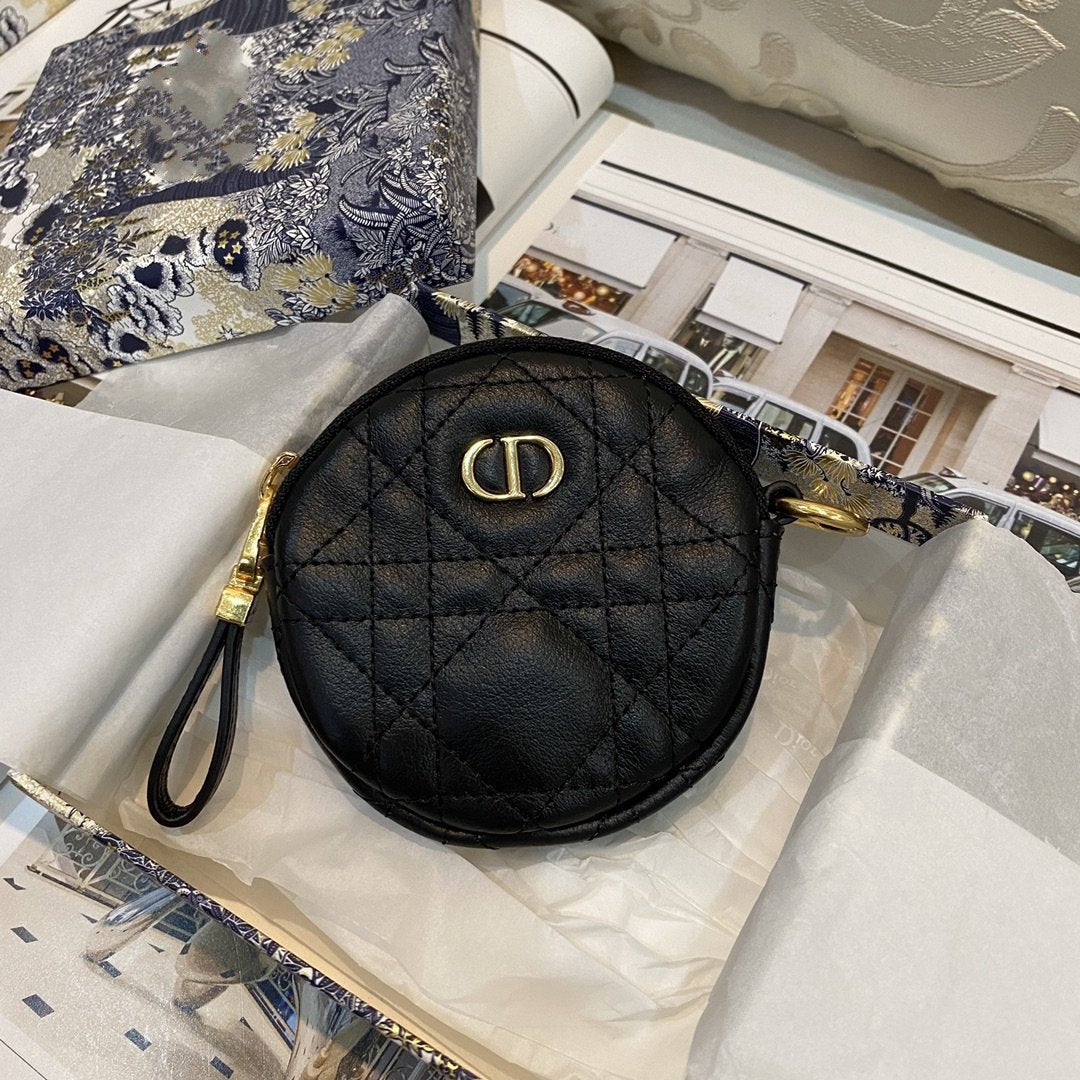 DIOR DETACHABLE CARO ROUND COIN PURSE BLACK CANNAGE CALFSKIN