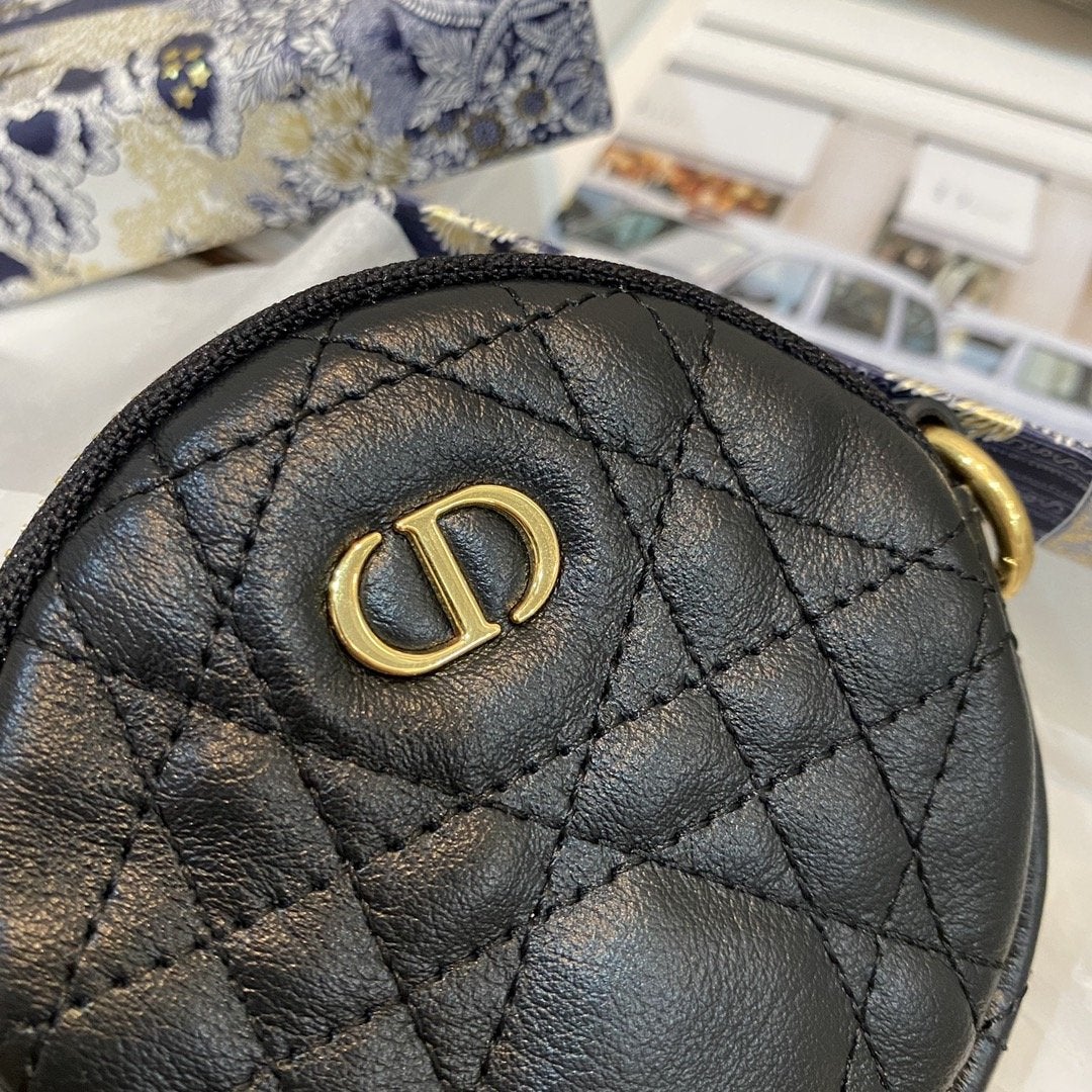 DIOR DETACHABLE CARO ROUND COIN PURSE BLACK CANNAGE CALFSKIN