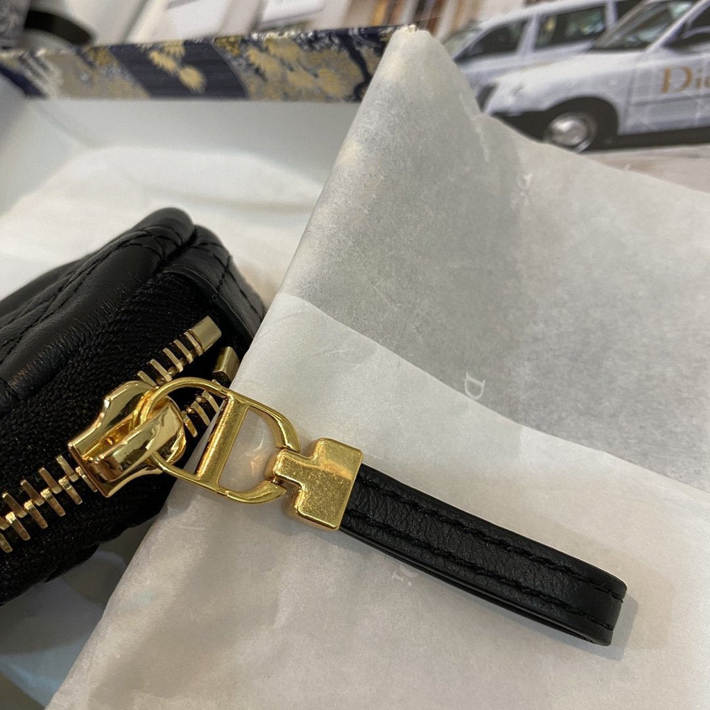 DIOR DETACHABLE CARO ROUND COIN PURSE BLACK CANNAGE CALFSKIN