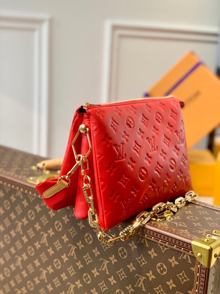 LOUIS VUITTON COUSSIN PM 27 RED MONOGRAM EMBOSSED PUFFY LAMBSKIN