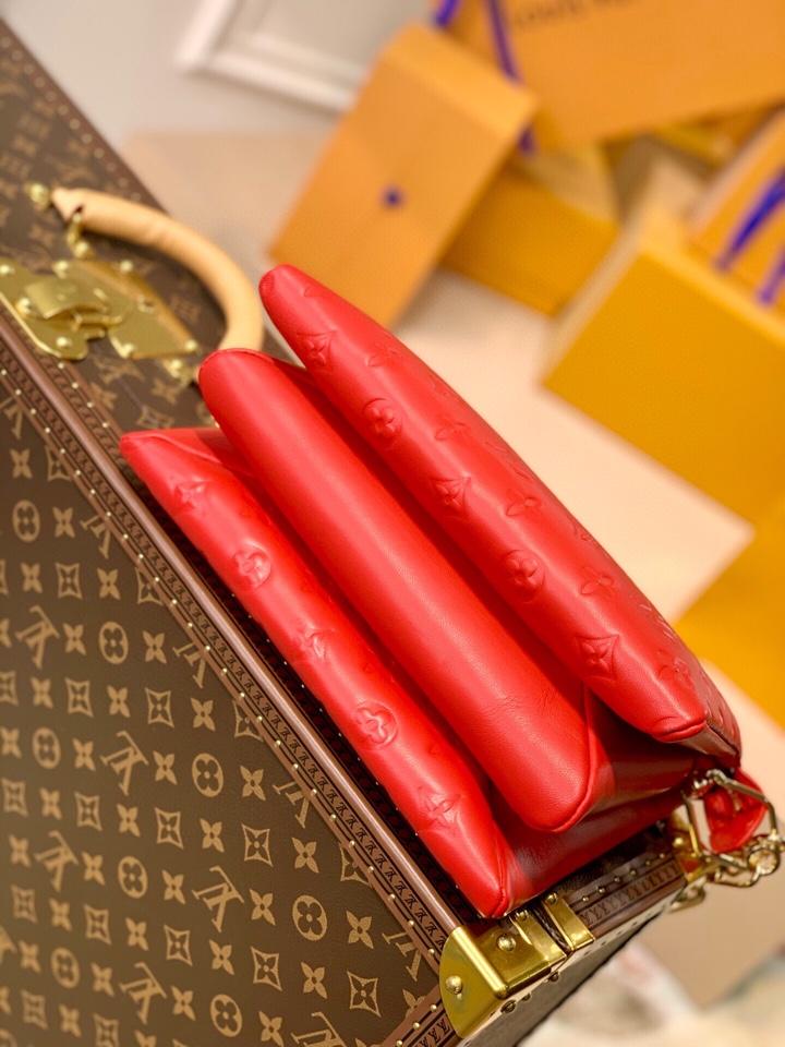 LOUIS VUITTON COUSSIN PM 27 RED MONOGRAM EMBOSSED PUFFY LAMBSKIN
