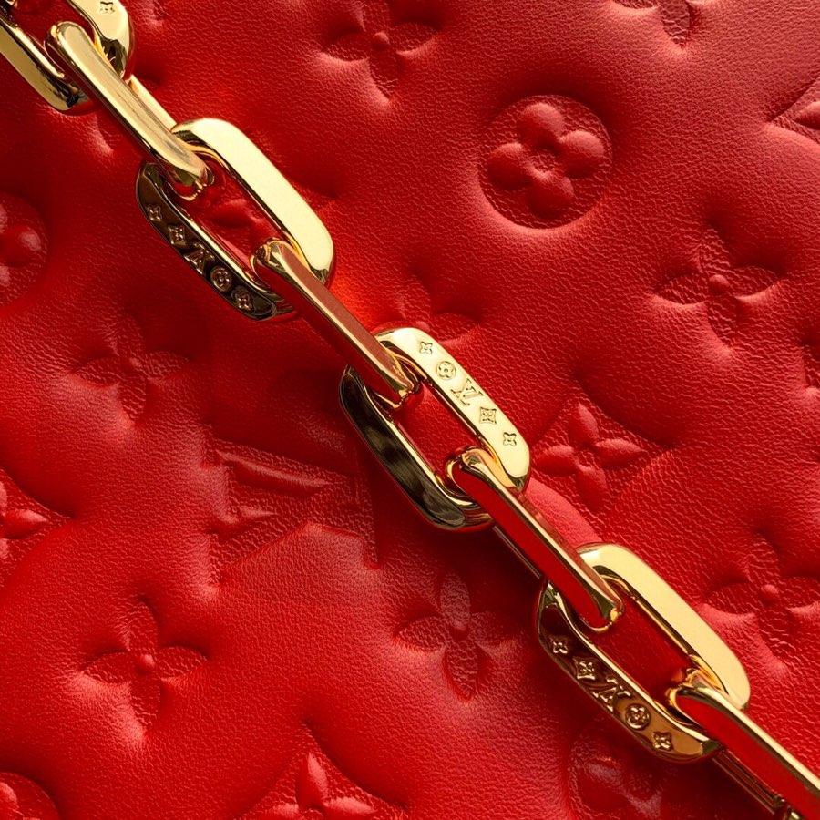 LOUIS VUITTON COUSSIN PM 27 RED MONOGRAM EMBOSSED PUFFY LAMBSKIN