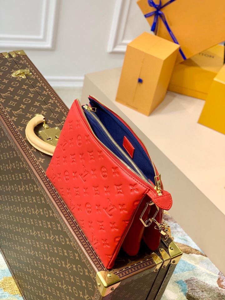 LOUIS VUITTON COUSSIN PM 27 RED MONOGRAM EMBOSSED PUFFY LAMBSKIN