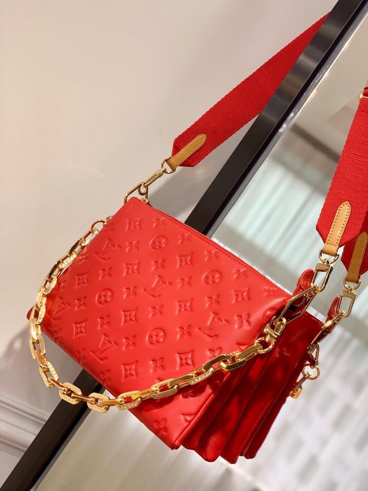 LOUIS VUITTON COUSSIN PM 27 RED MONOGRAM EMBOSSED PUFFY LAMBSKIN