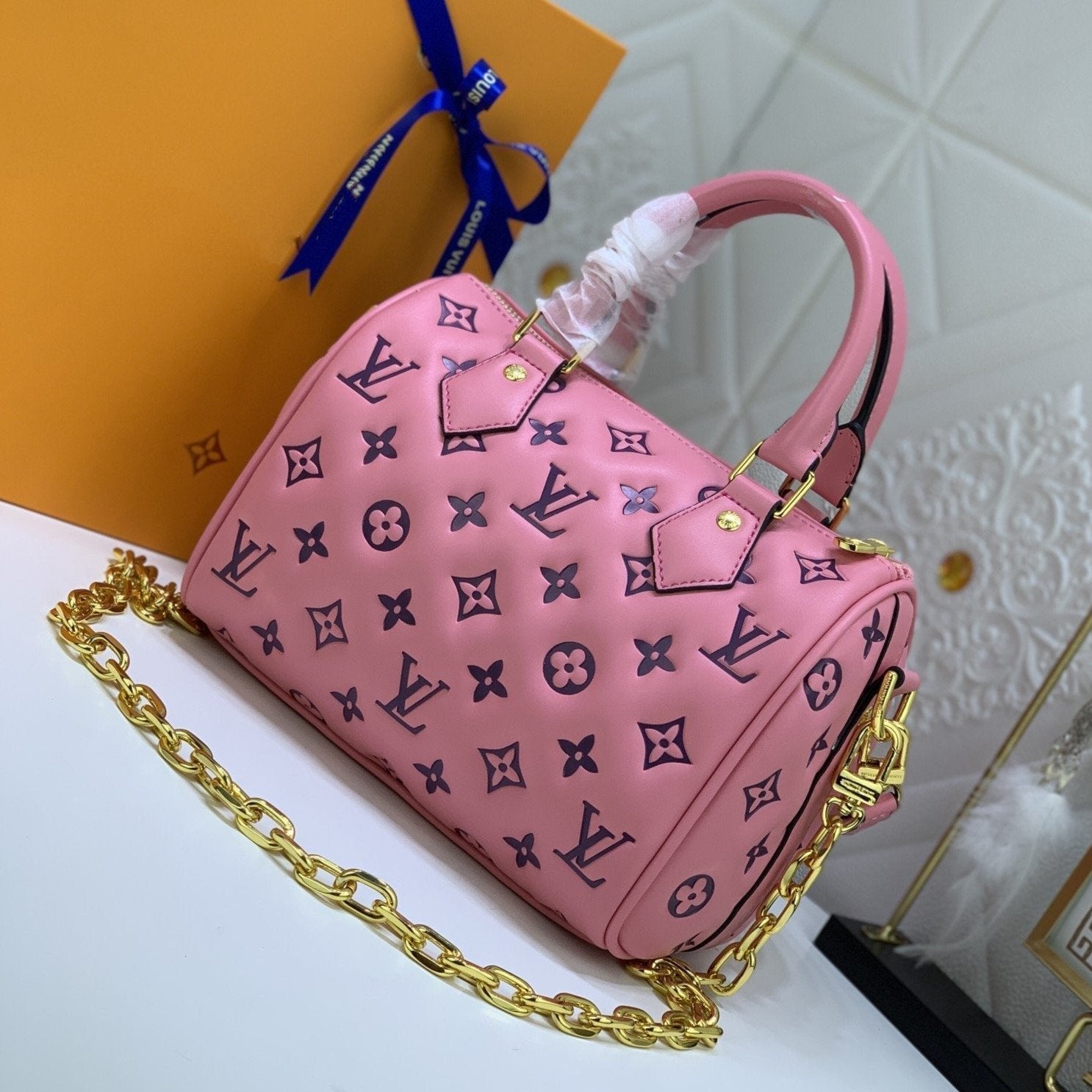 LOUIS VUITTON SPEEDY 22 PINK BLACK MONOGRAM EMBOSSED LAMBSKIN