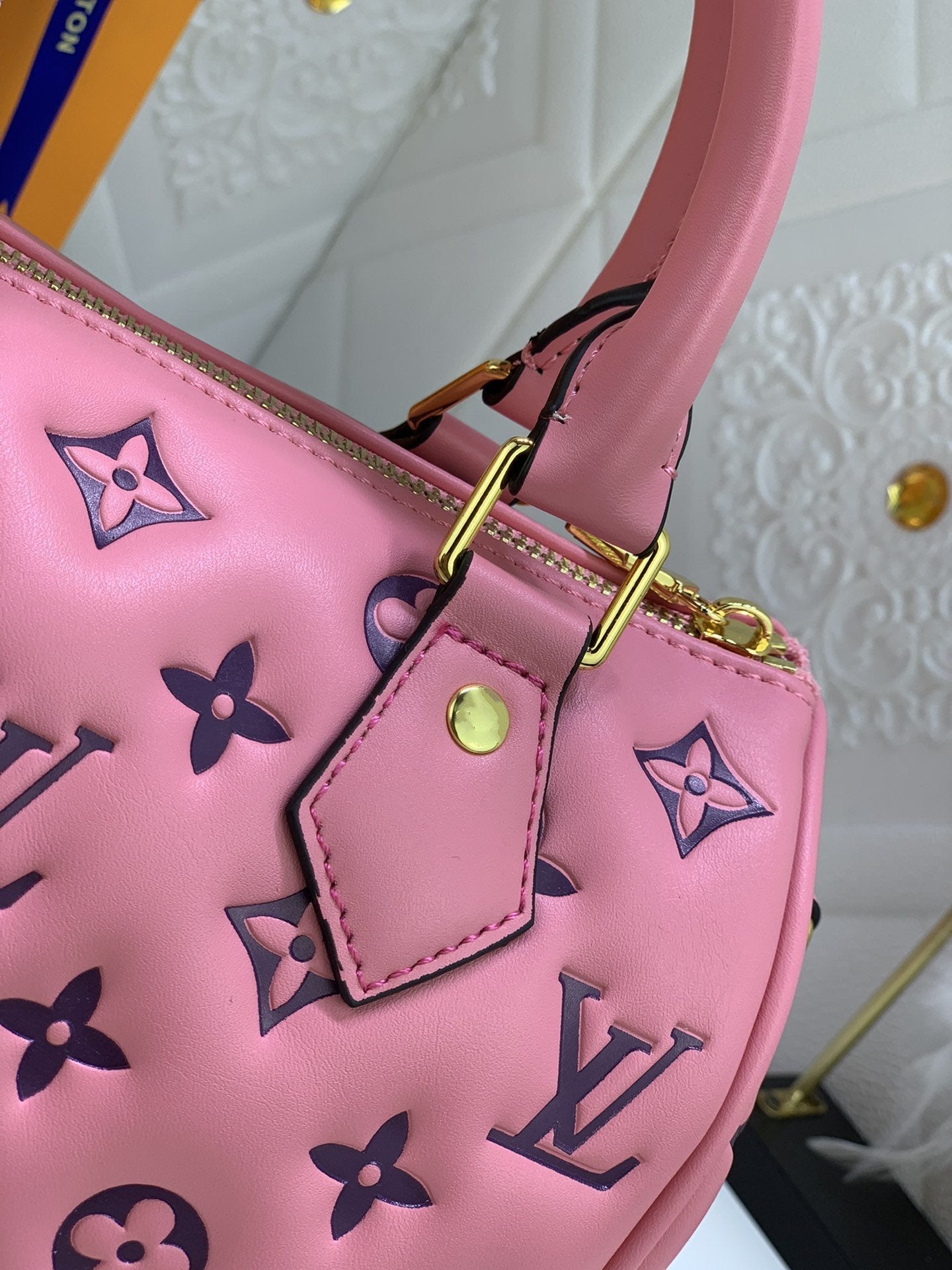 LOUIS VUITTON SPEEDY 22 PINK BLACK MONOGRAM EMBOSSED LAMBSKIN