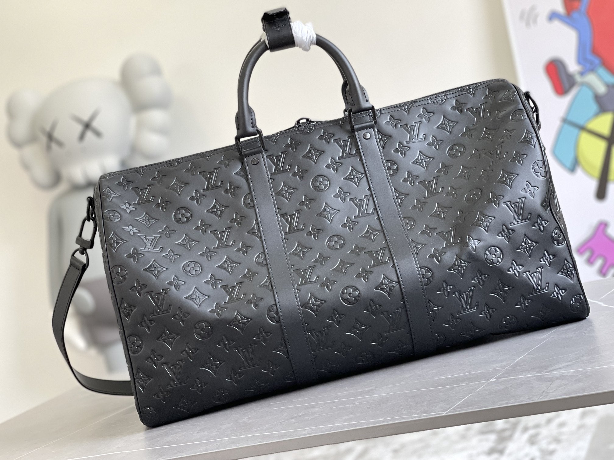 LOUIS VUITTON KEEPALL 50 BANDOULIERE BLACK EMPREINTE LEATHER