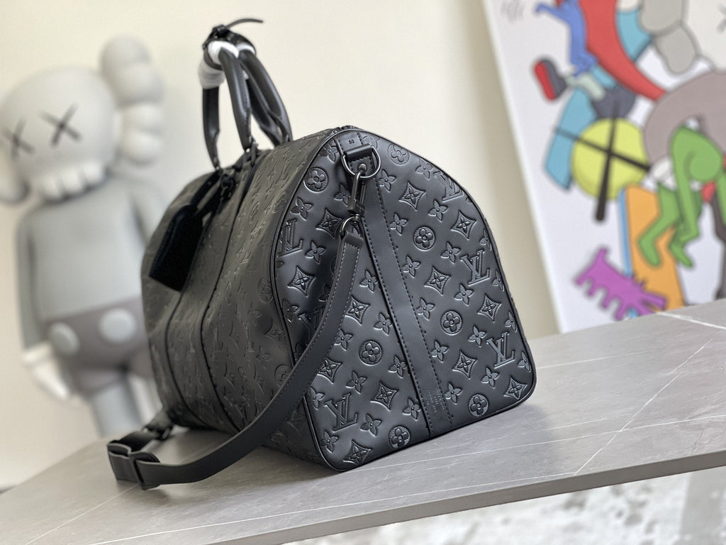 LOUIS VUITTON KEEPALL 50 BANDOULIERE BLACK EMPREINTE LEATHER