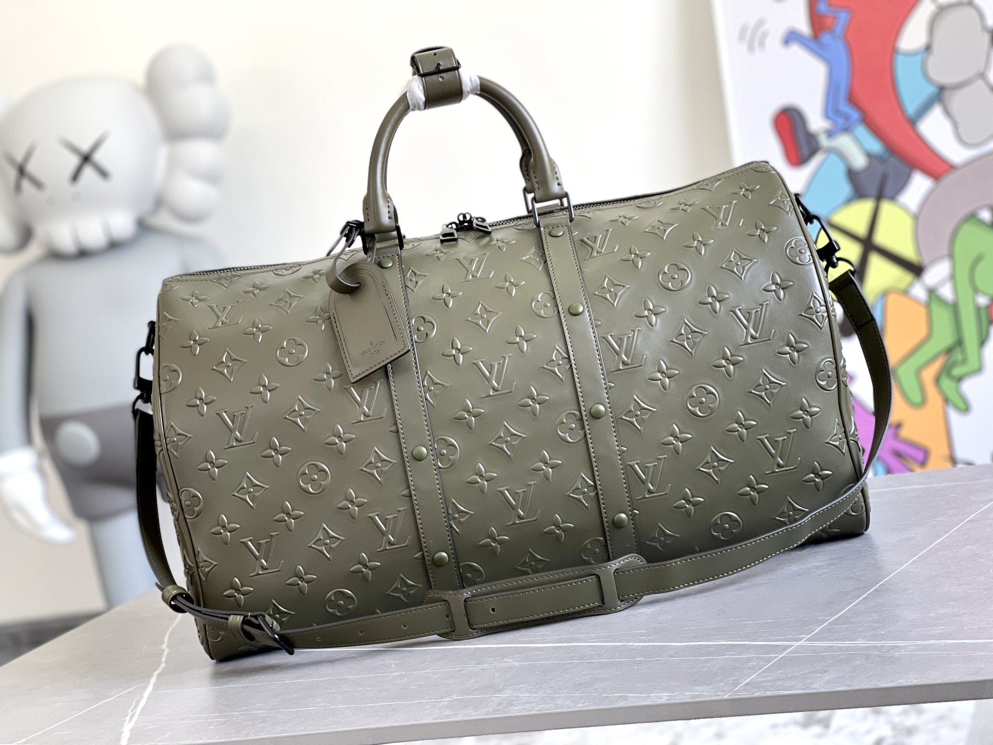 LOUIS VUITTON KEEPALL 50 BANDOULIERE KHAKI EMPREINTE LEATHER