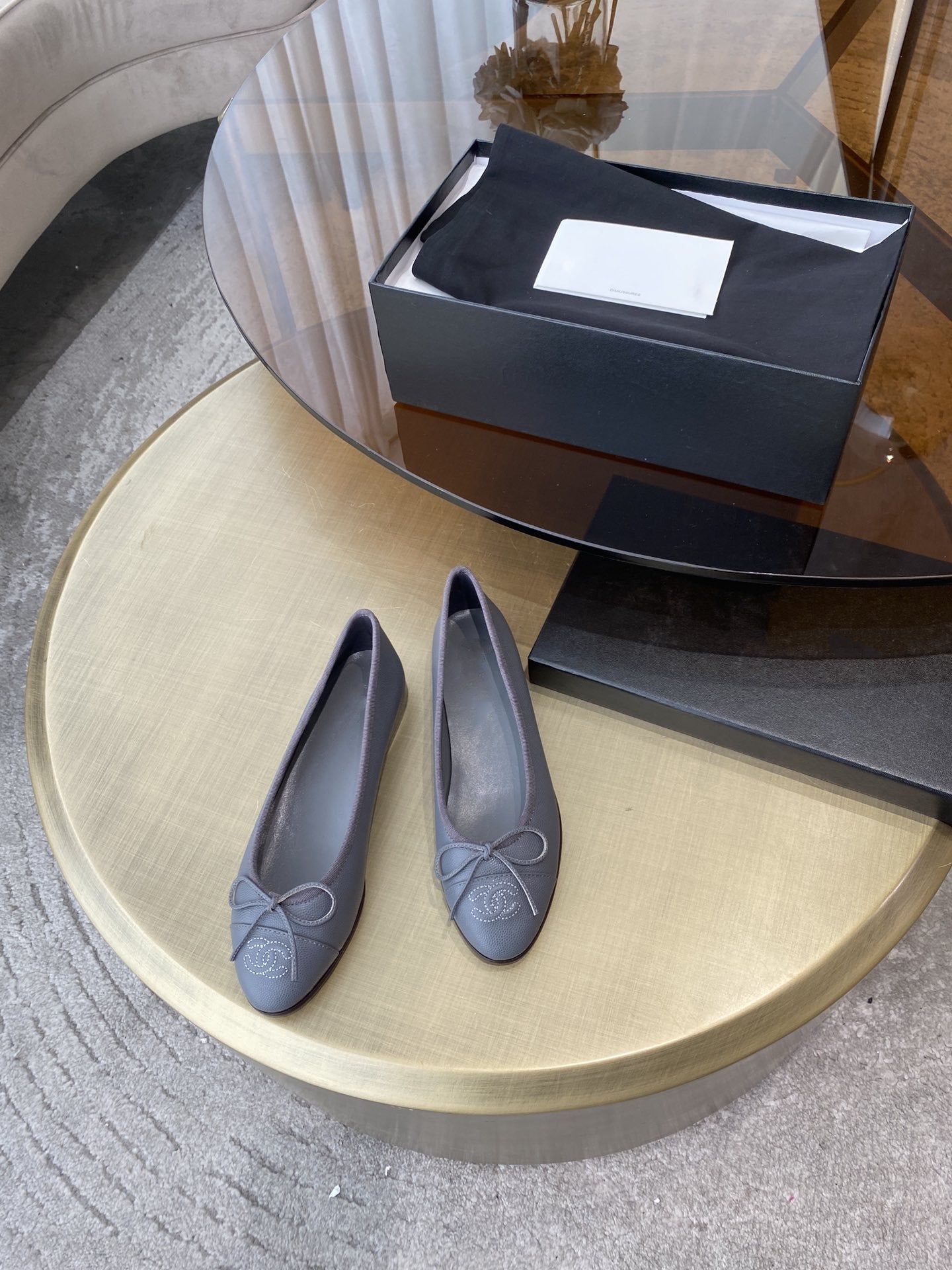CHANEL BALLET FLATS GREY GRAINED CALFSKIN