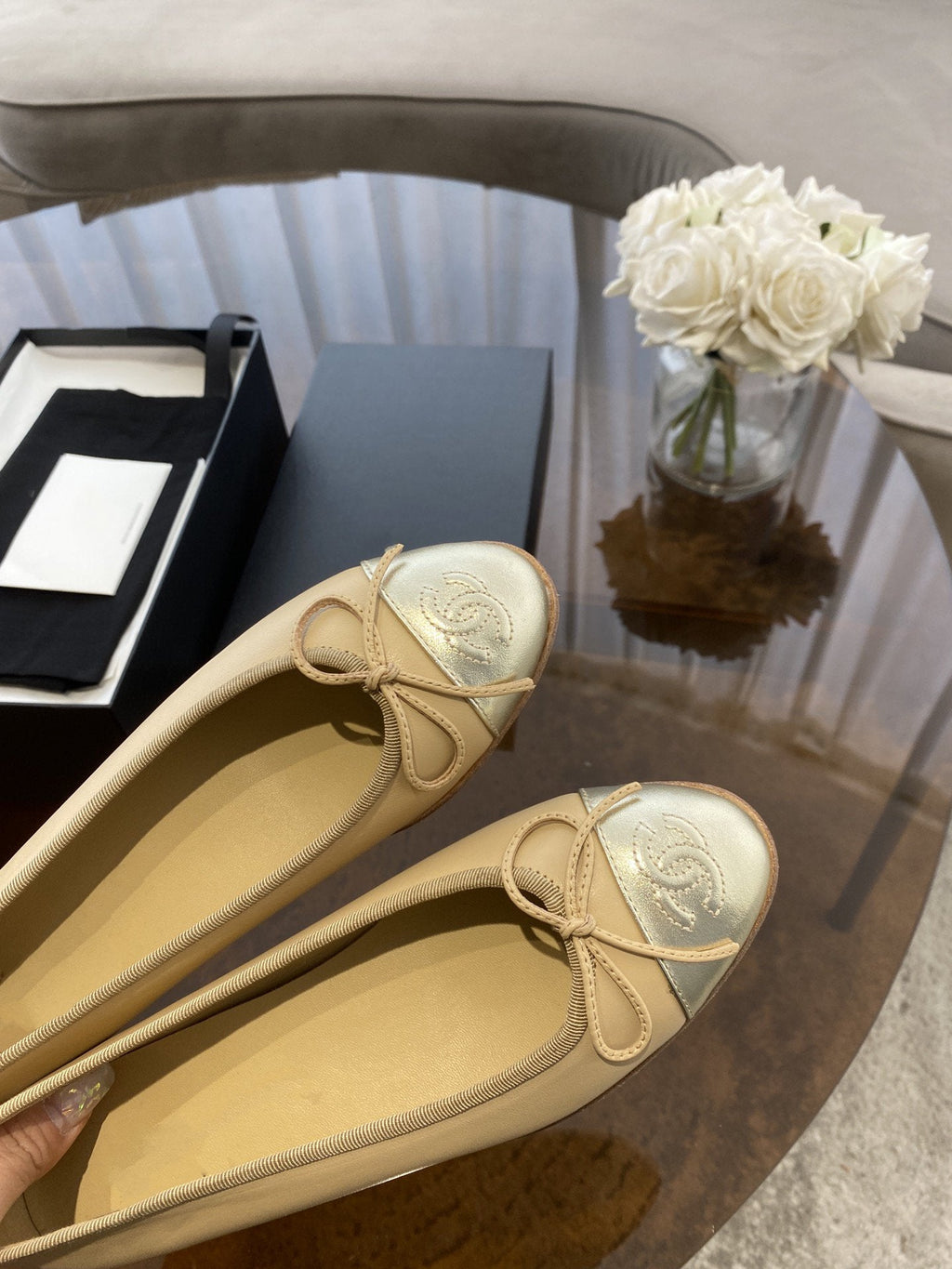 CHANEL BALLET FLATS BEIGE SILVER LAMBSKIN CANVAS