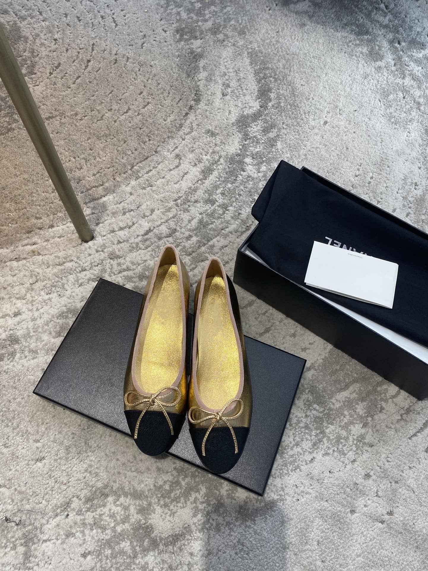 CHANEL BALLET FLATS GOLD BLACK LAMBSKIN CANVAS