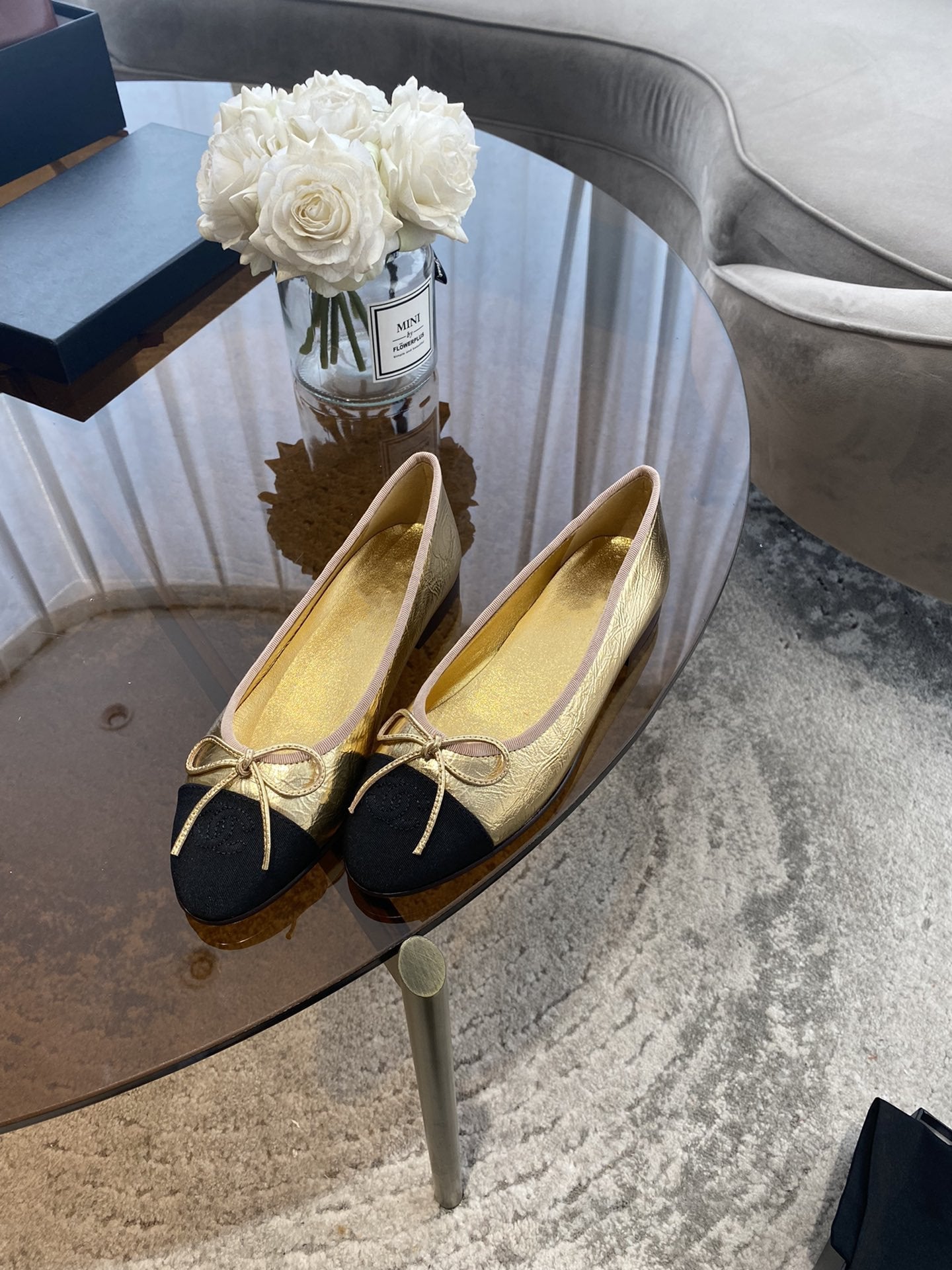 CHANEL BALLET FLATS GOLD BLACK LAMBSKIN CANVAS