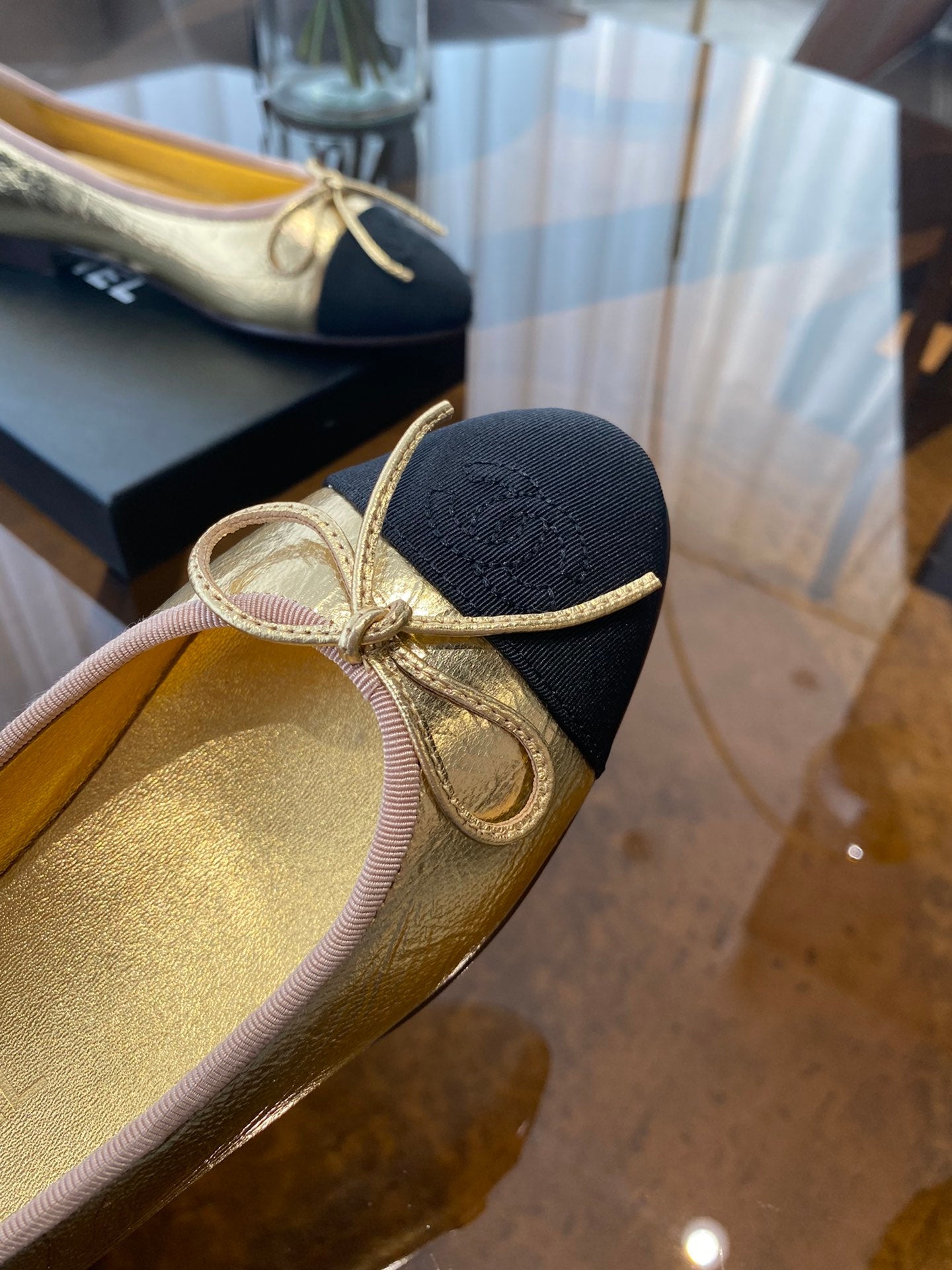 CHANEL BALLET FLATS GOLD BLACK LAMBSKIN CANVAS
