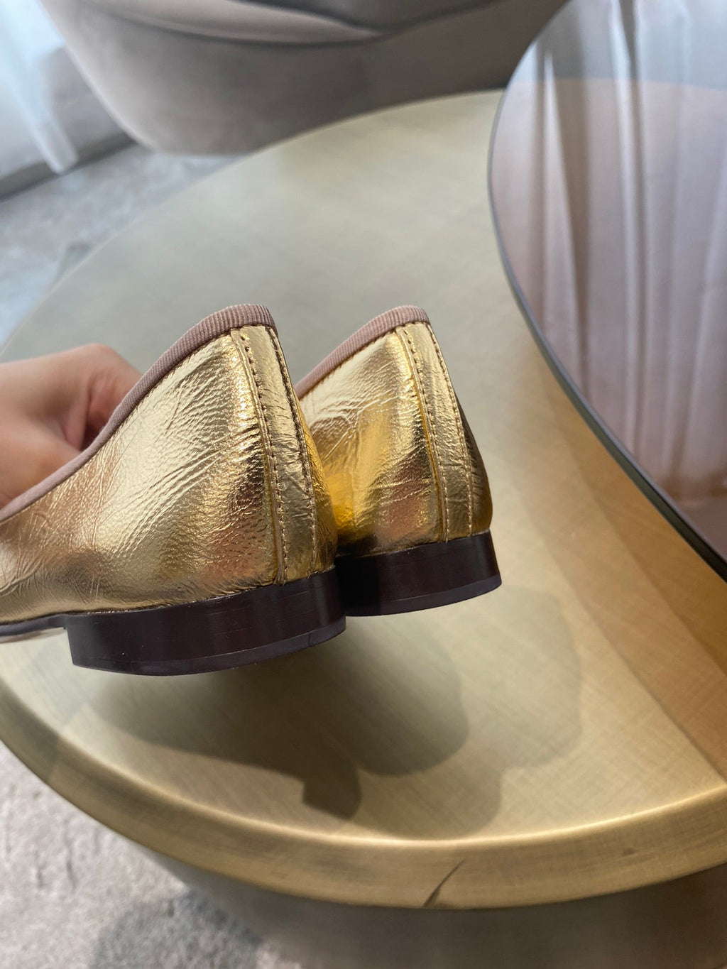 CHANEL BALLET FLATS GOLD BLACK LAMBSKIN CANVAS