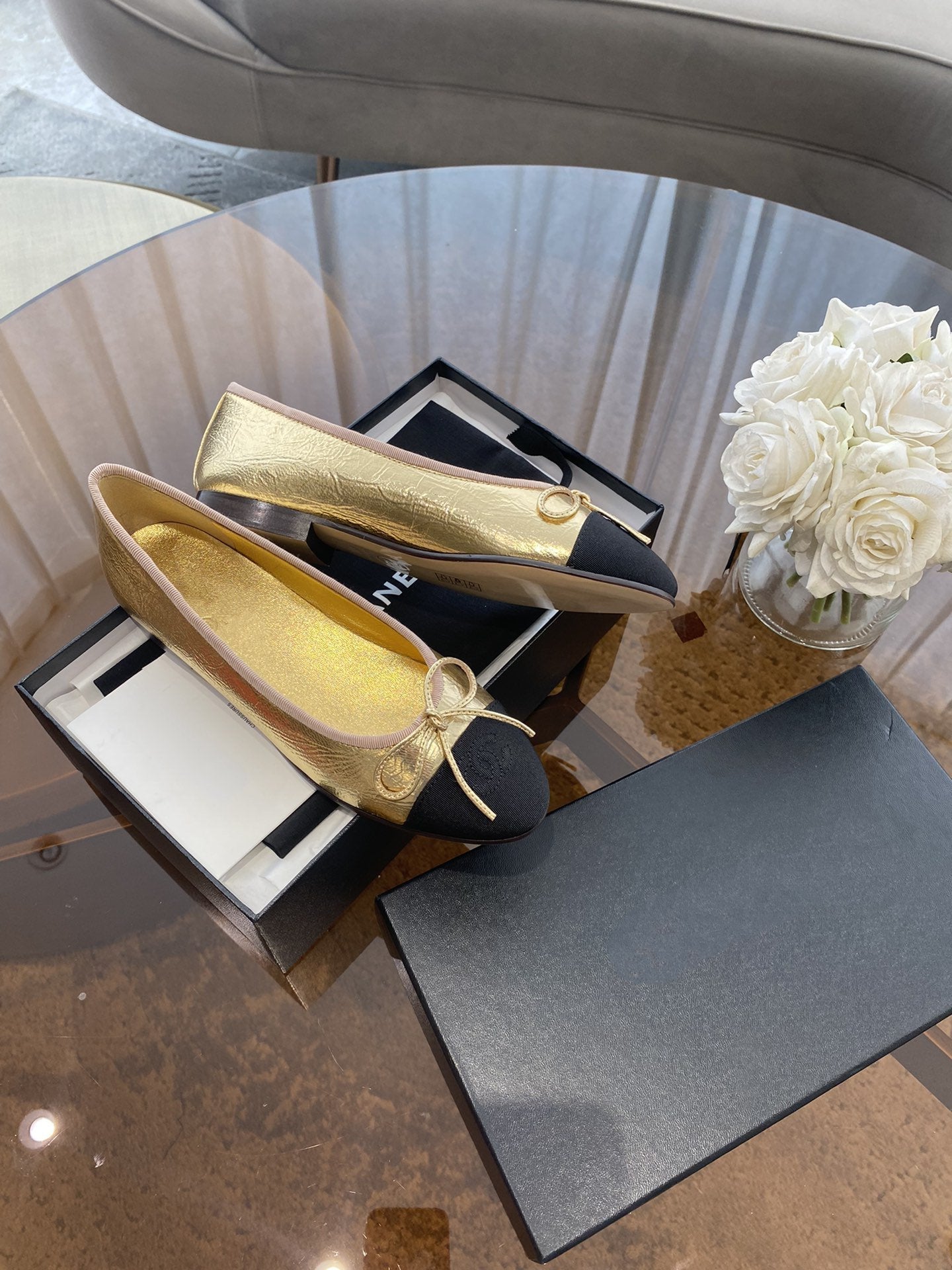 CHANEL BALLET FLATS GOLD BLACK LAMBSKIN CANVAS