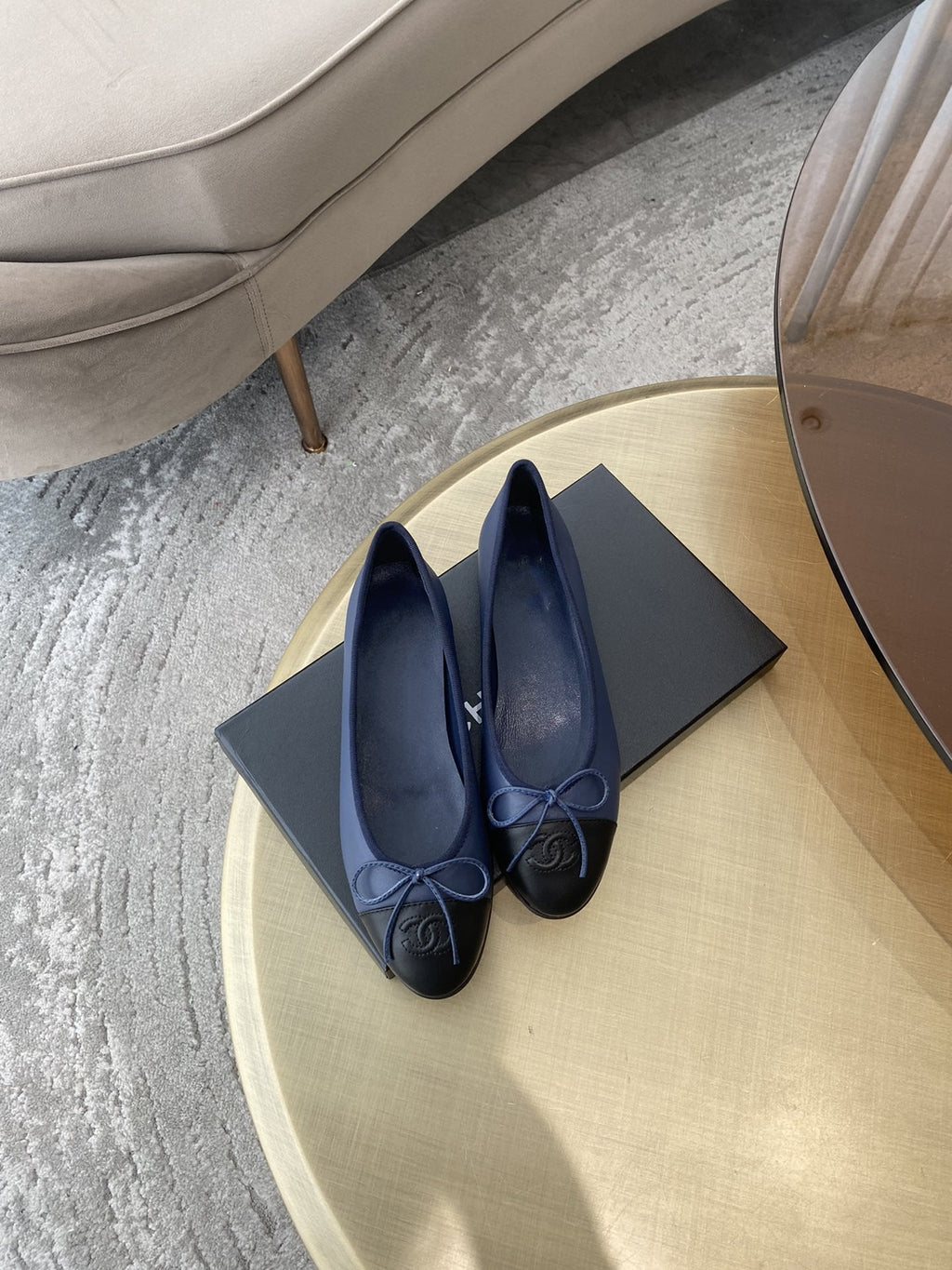 CHANEL BALLET FLATS DARK BLUE BLACK LAMBSKIN