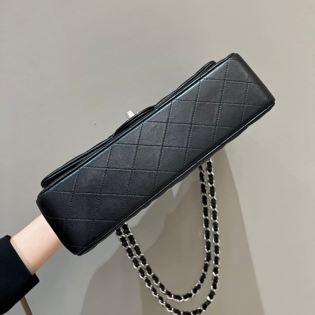 CHANEL FLAP BAG 25CM SILVER HARDWARE BLACK LAMBSKIN