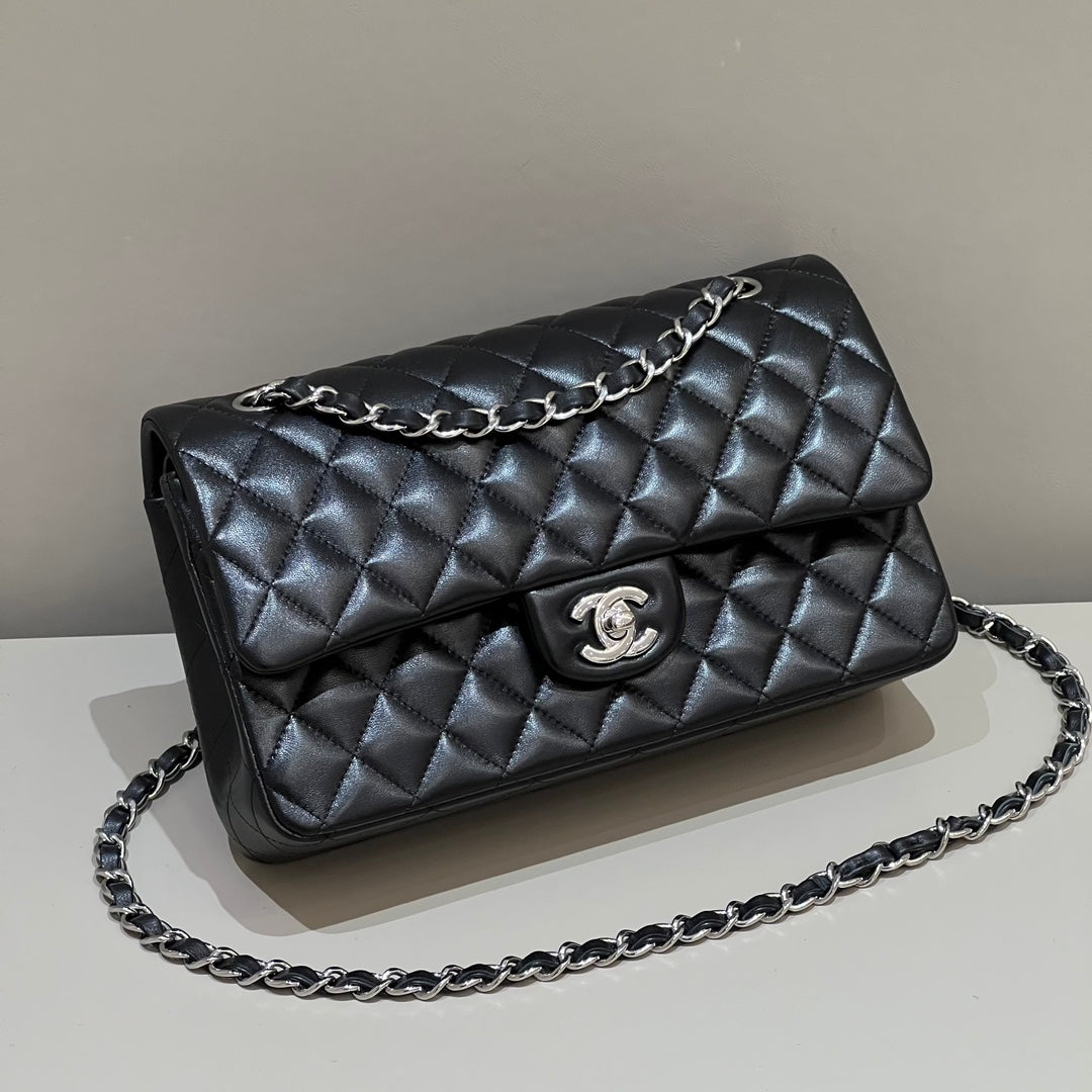 CHANEL FLAP BAG 25CM SILVER HARDWARE BLACK LAMBSKIN