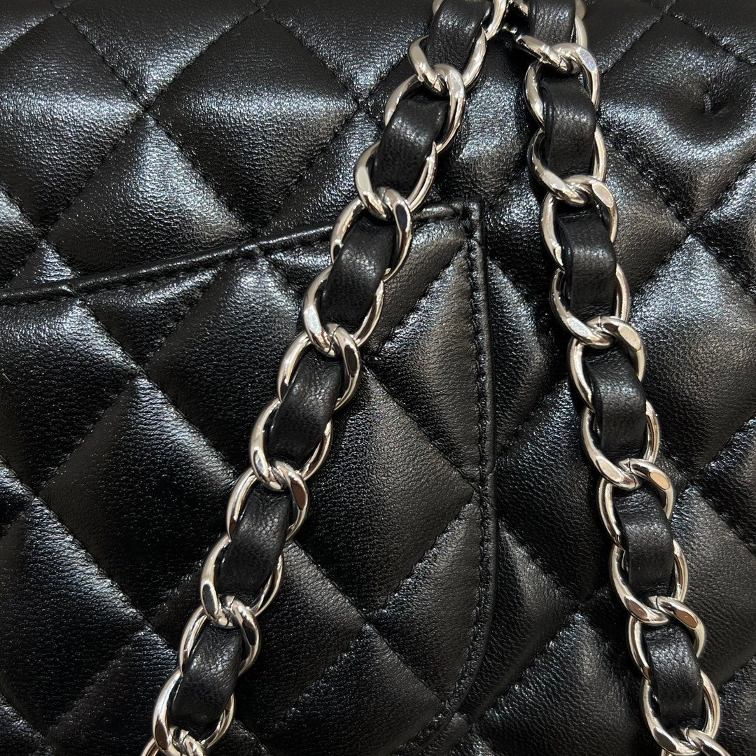 CHANEL FLAP BAG 25CM SILVER HARDWARE BLACK LAMBSKIN