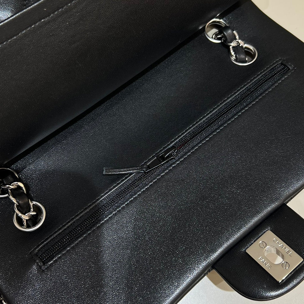 CHANEL FLAP BAG 25CM SILVER HARDWARE BLACK LAMBSKIN