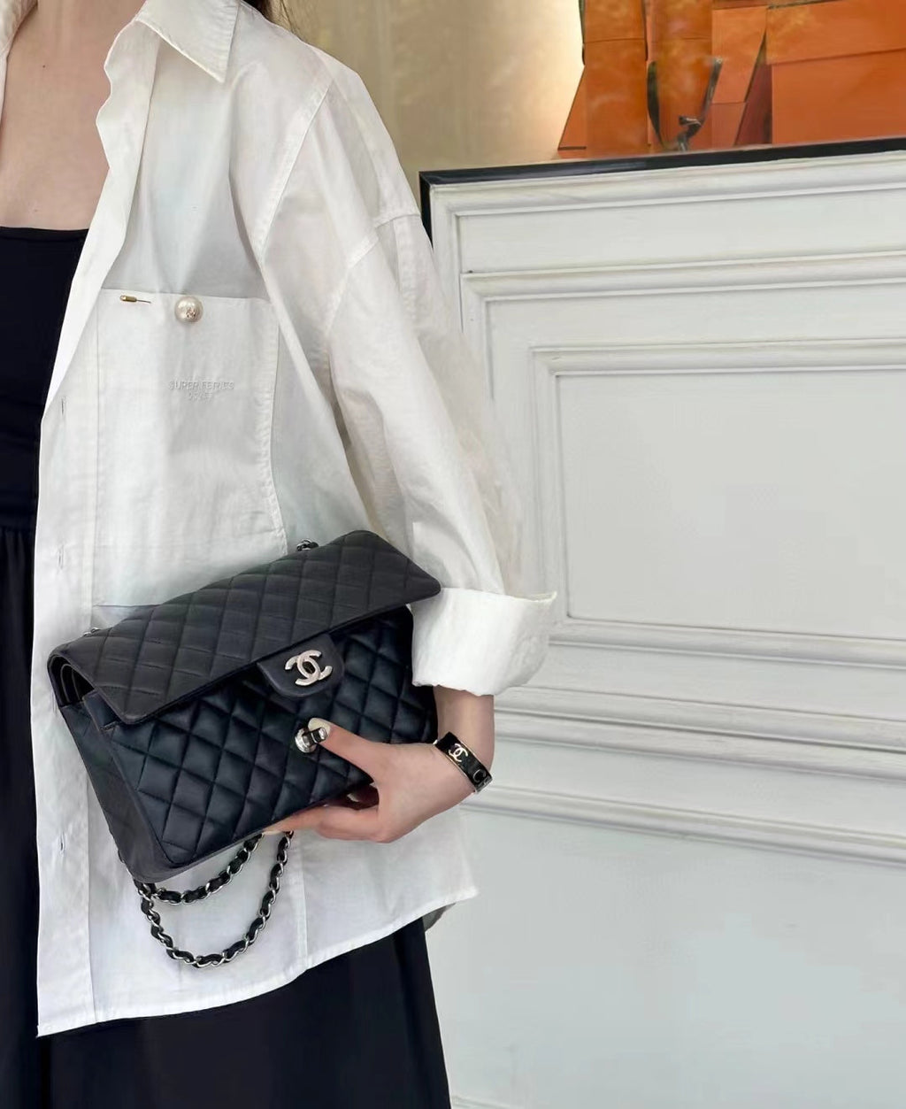 CHANEL FLAP BAG 25CM SILVER HARDWARE BLACK LAMBSKIN