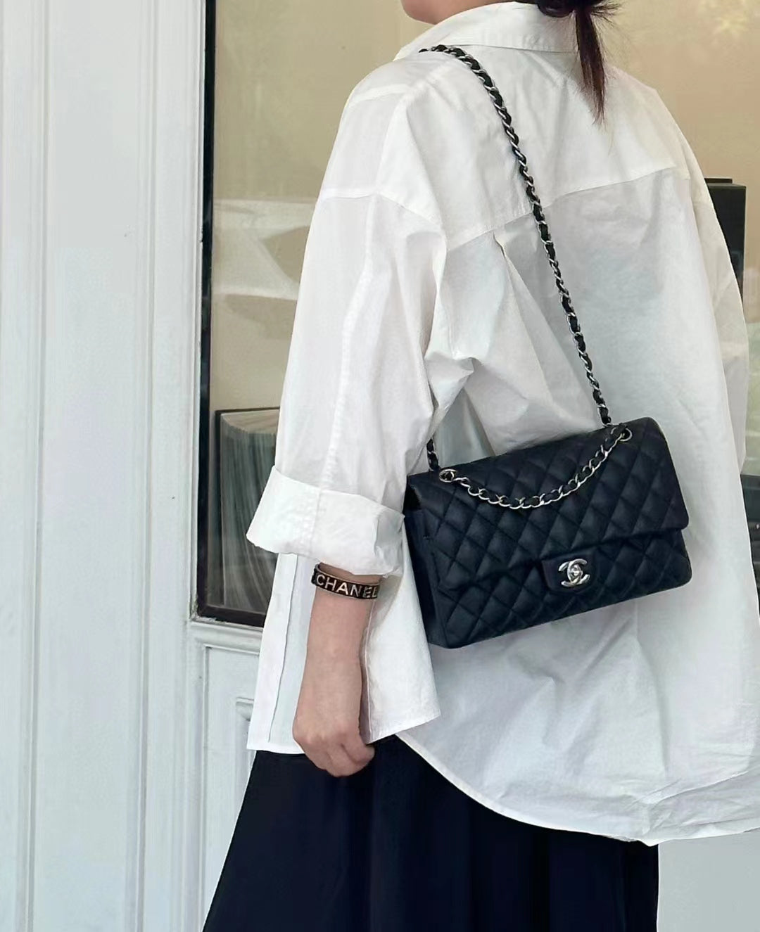 CHANEL FLAP BAG 25CM SILVER HARDWARE BLACK LAMBSKIN