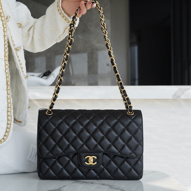 CHANEL FLAP BAG JUMBO 30CM GOLD HARDWARE BLACK CAVIAR