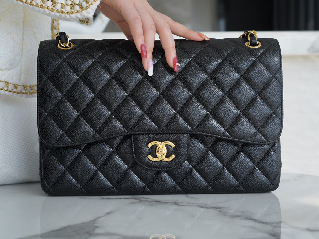 CHANEL FLAP BAG JUMBO 30CM GOLD HARDWARE BLACK CAVIAR