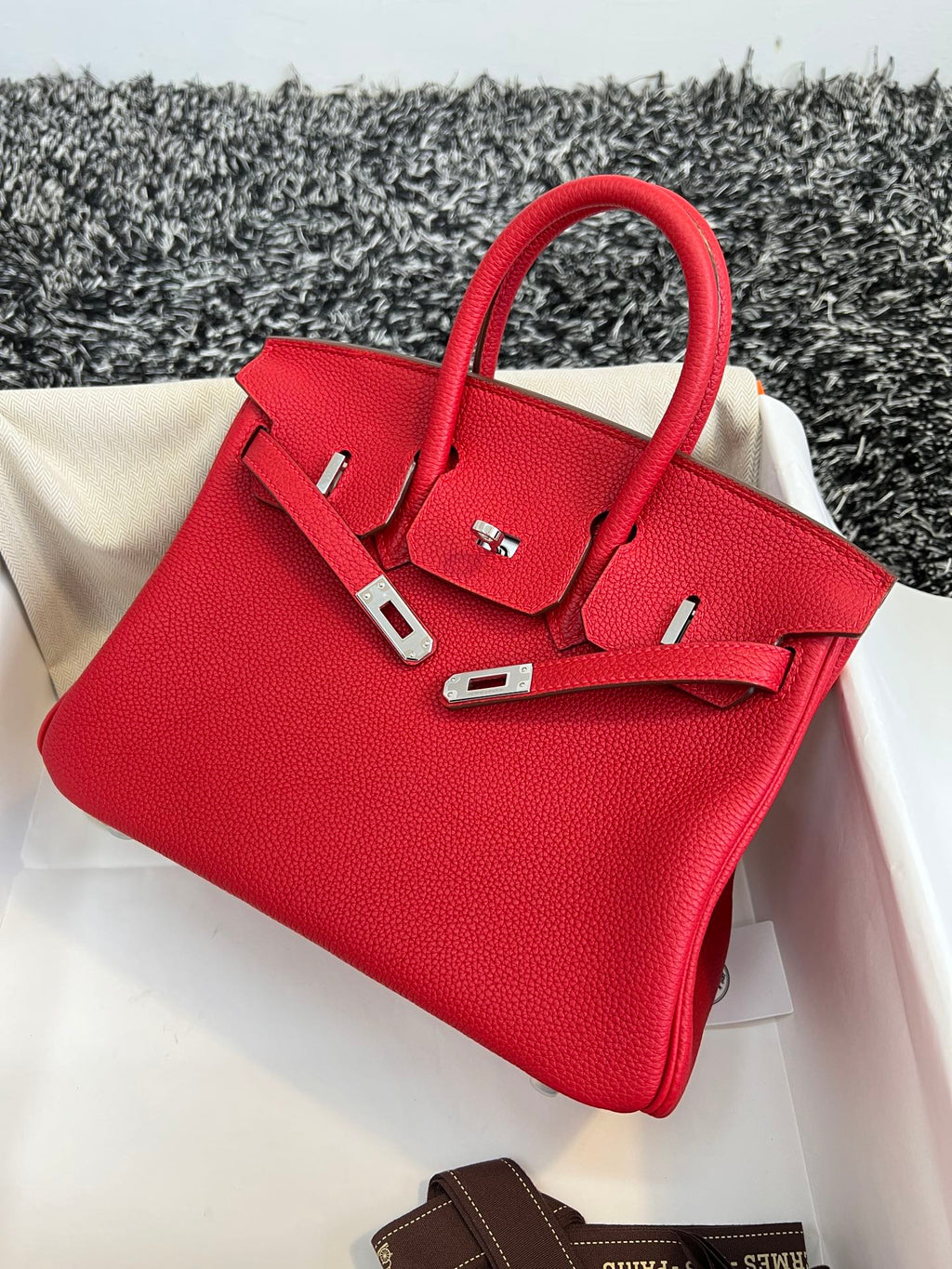 HERMES BIRKIN 25CM RED TOGO LEATHER SILVER HARDWARE