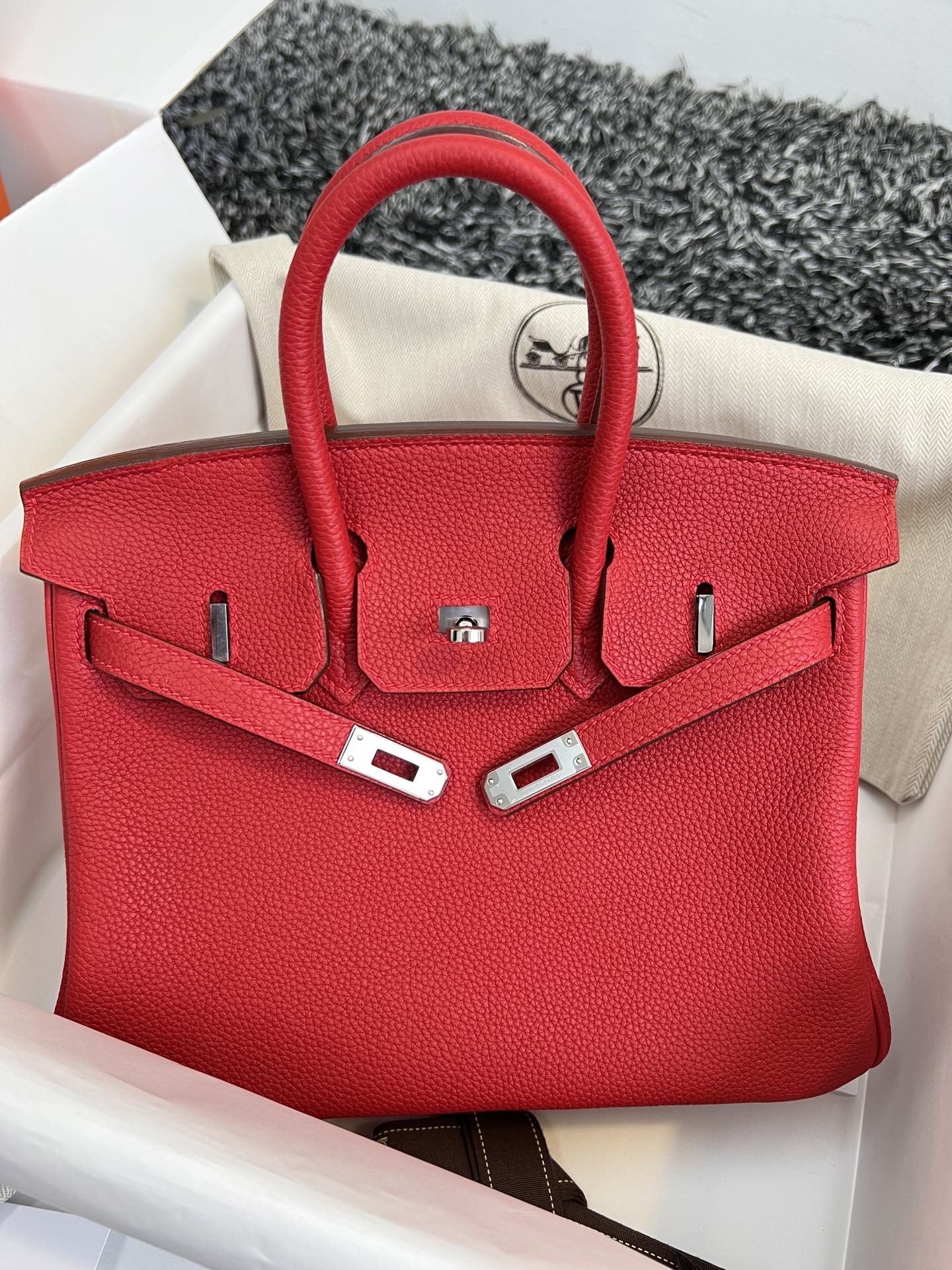 HERMES BIRKIN 25CM RED TOGO LEATHER SILVER HARDWARE