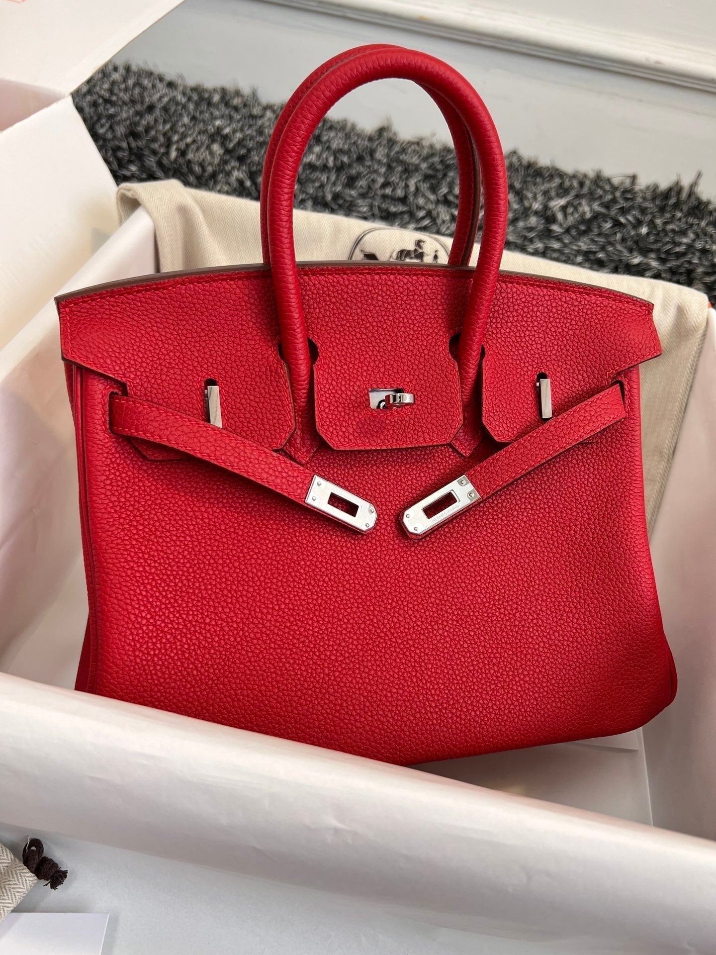 HERMES BIRKIN 25CM RED TOGO LEATHER SILVER HARDWARE