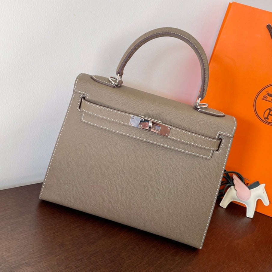 HERMES KELLY 28CM ETAIN EPSOM LEATHER SILVER HARDWARE