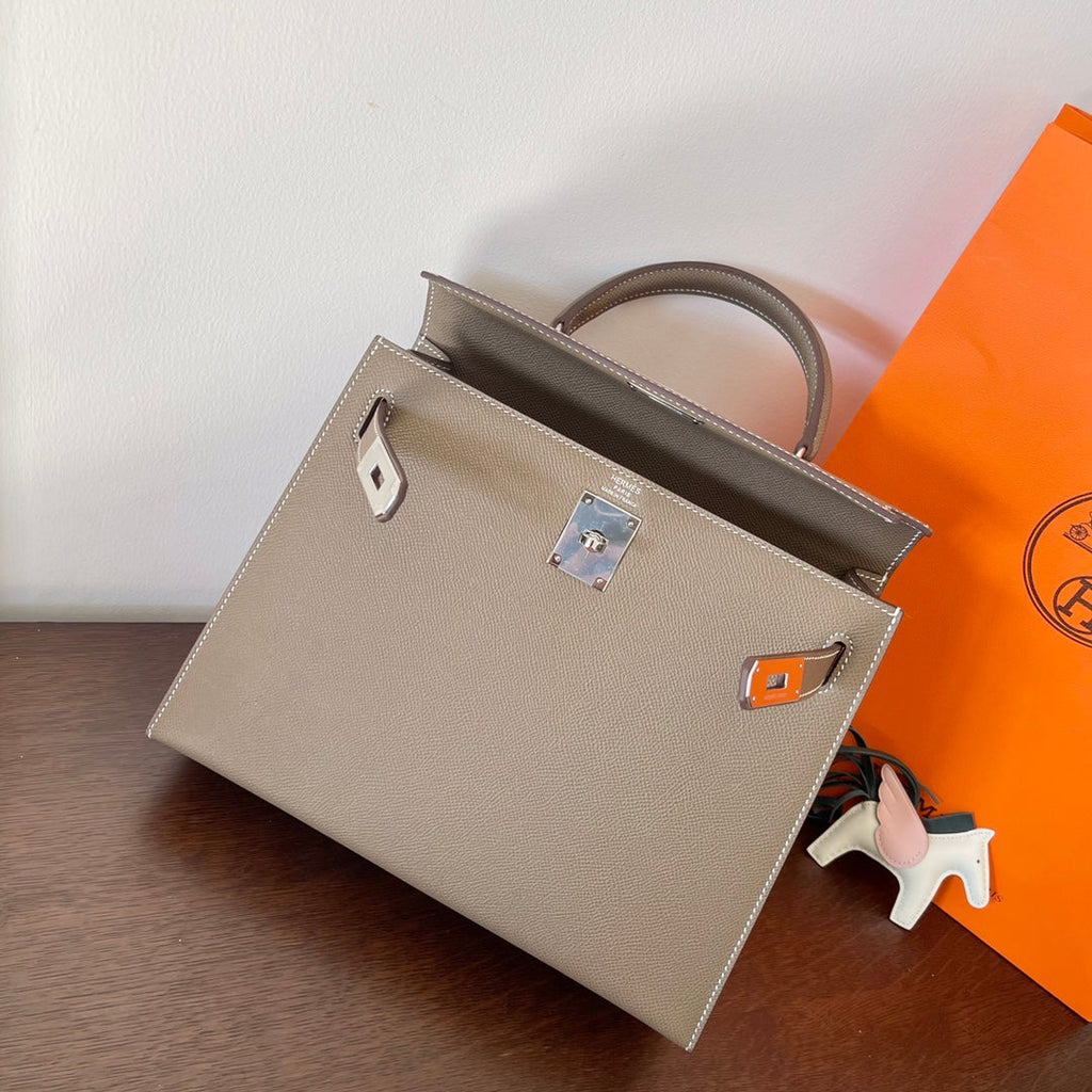 HERMES KELLY 28CM ETAIN EPSOM LEATHER SILVER HARDWARE