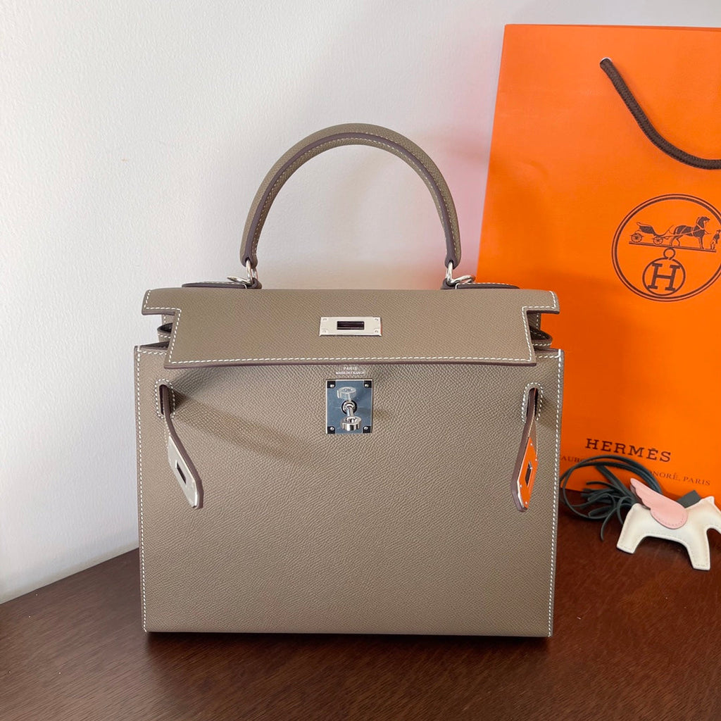 HERMES KELLY 28CM ETAIN EPSOM LEATHER SILVER HARDWARE