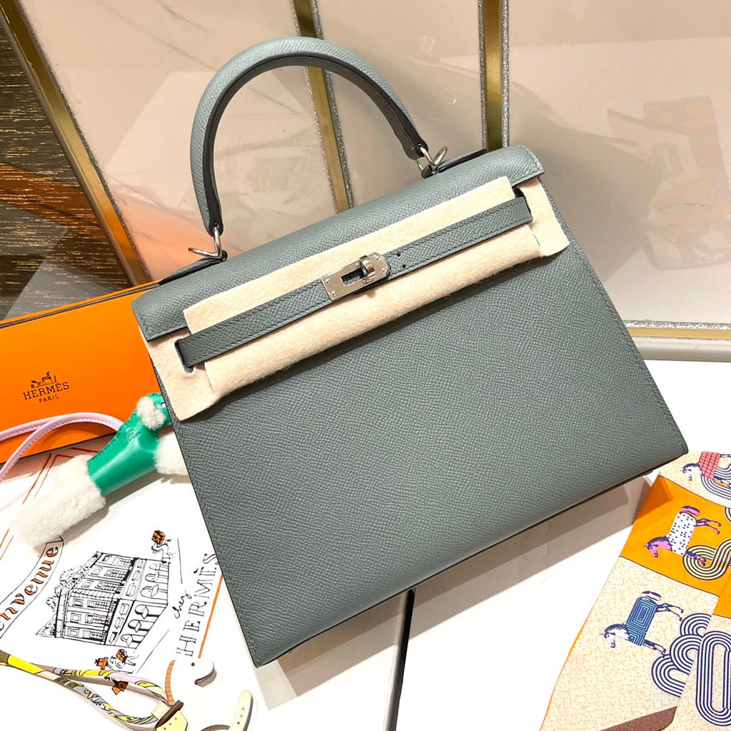 HERMES KELLY 25CM GRIS MOUETTE EPSOM LEATHER SILVER HARDWARE
