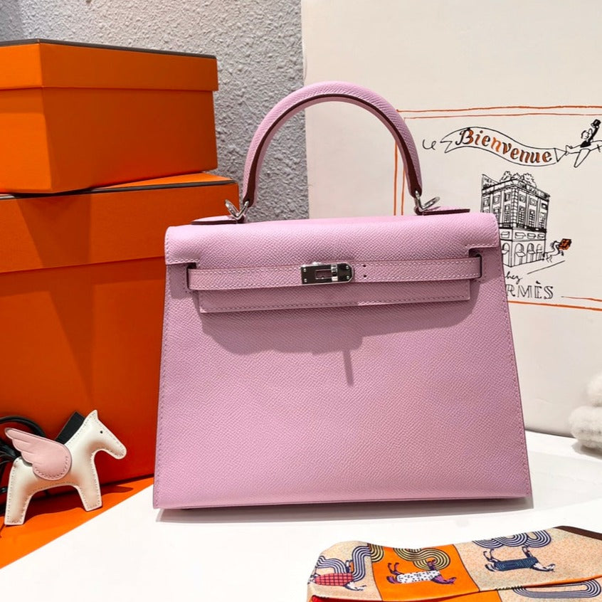 HERMES KELLY 25CM PINK EPSOM LEATHER SILVER HARDWARE
