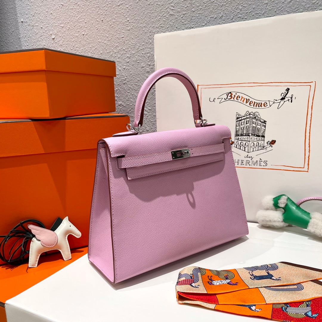 HERMES KELLY 25CM PINK EPSOM LEATHER SILVER HARDWARE