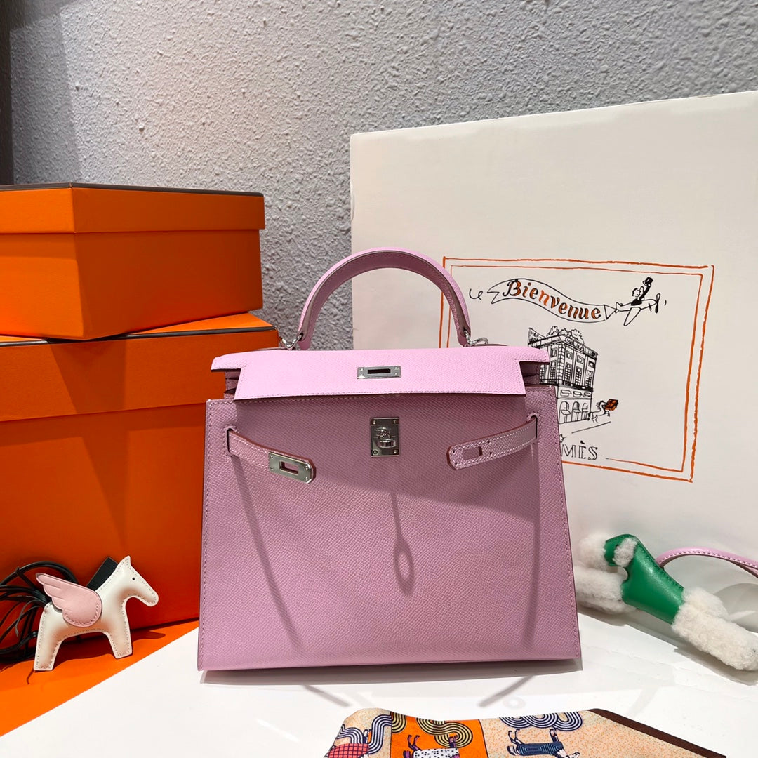 HERMES KELLY 25CM PINK EPSOM LEATHER SILVER HARDWARE