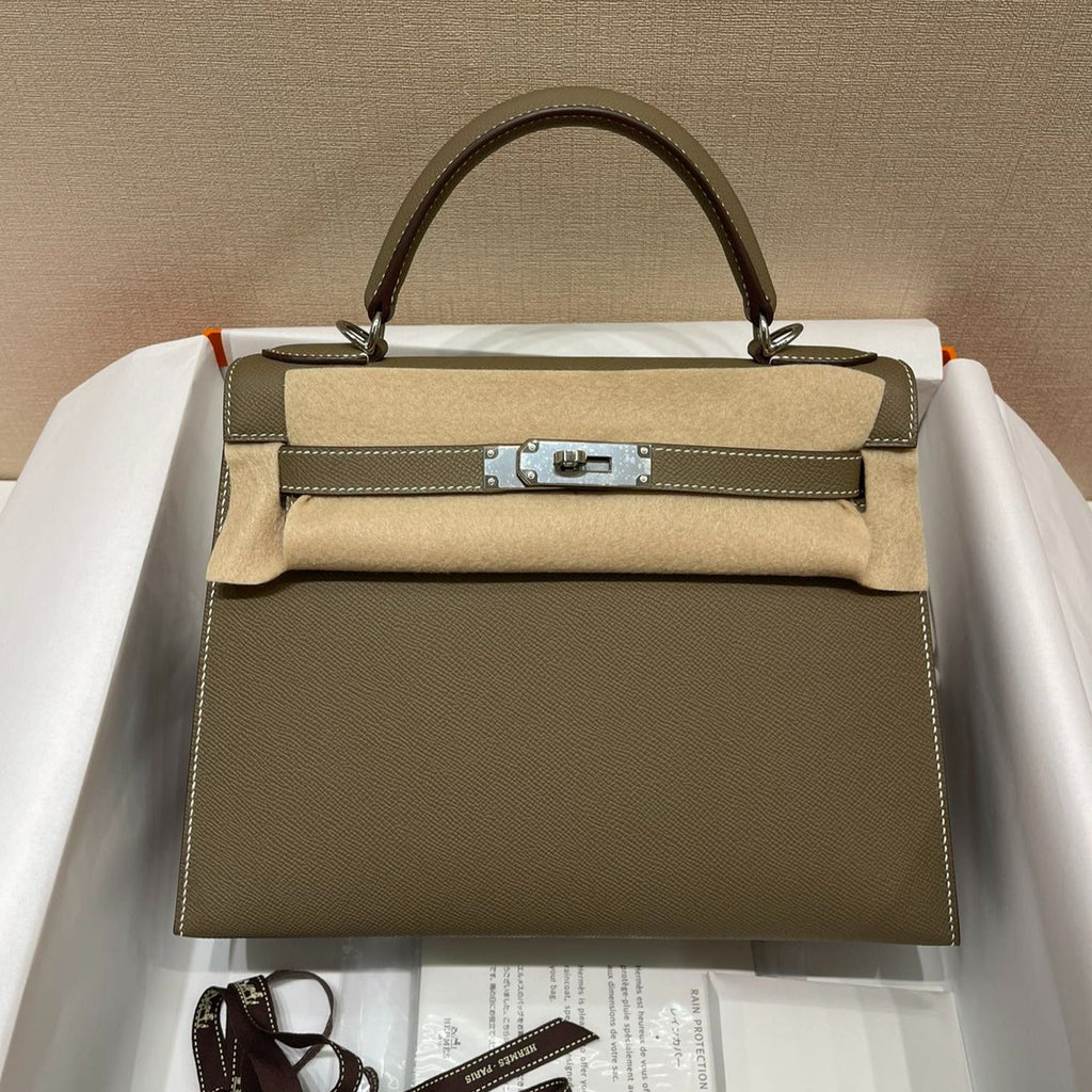 HERMES KELLY 28CM ETOUPE EPSOM LEATHER SILVER HARDWARE