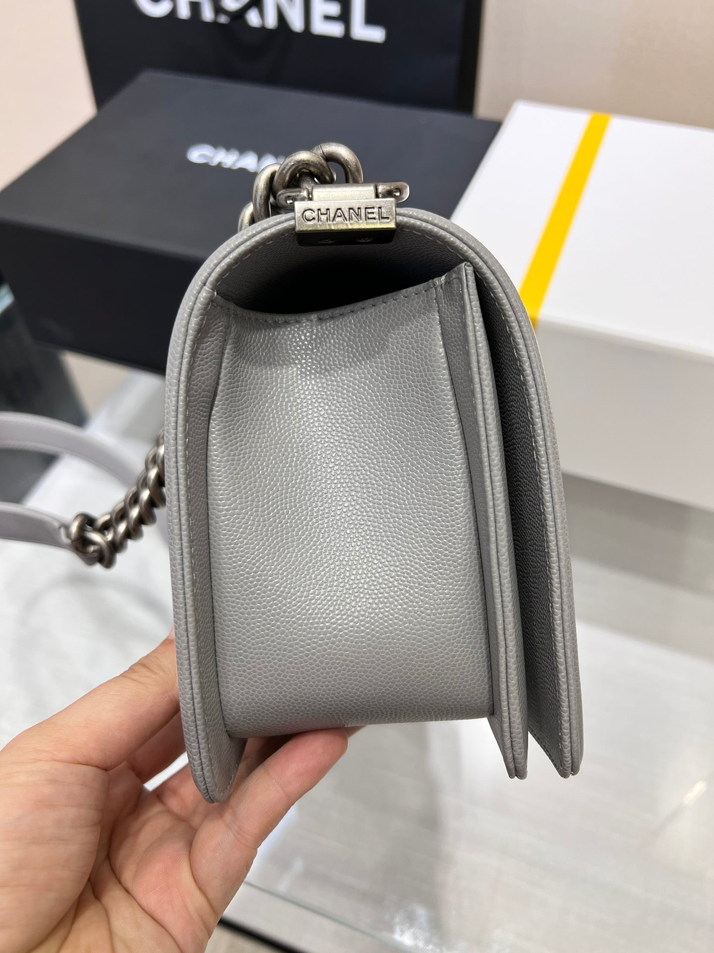 CHANEL BOY BAG MEDIUM 25 GREY CAVIAR RUTHENIUM HARDWARE