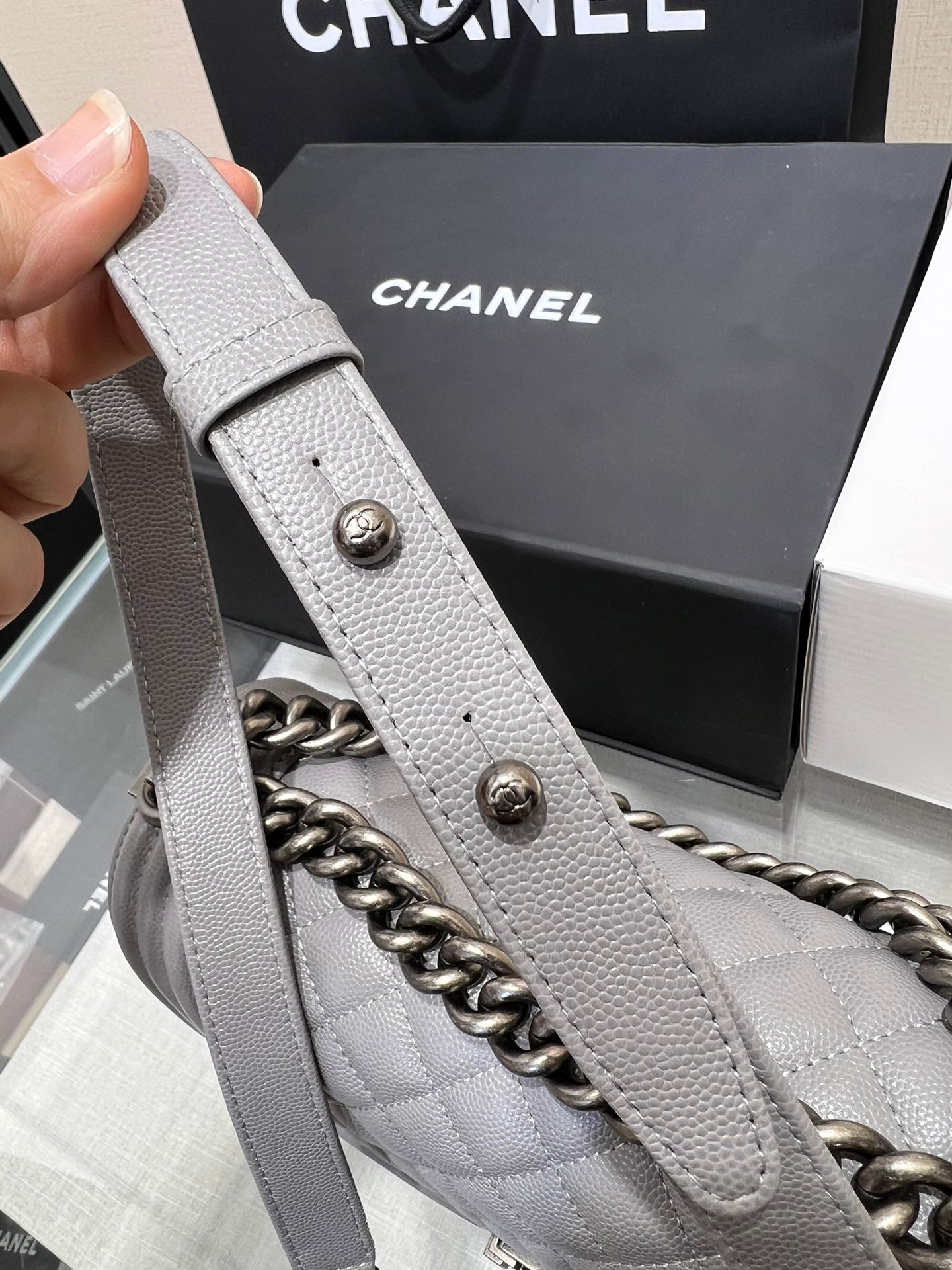 CHANEL BOY BAG MEDIUM 25 GREY CAVIAR RUTHENIUM HARDWARE