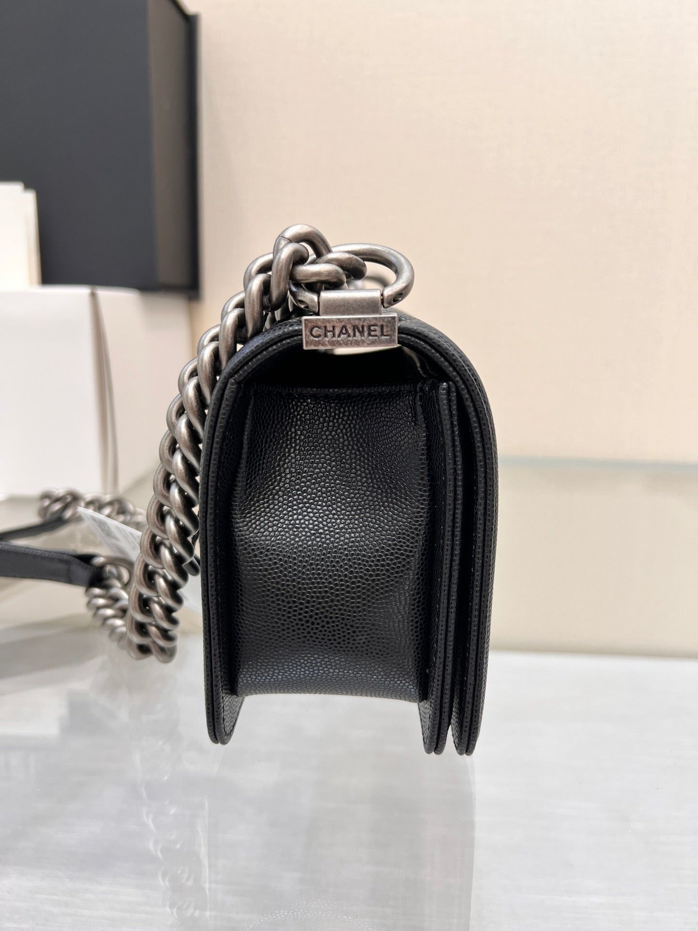 CHANEL BOY BAG SMALL 20 BLACK CHEVRON CAVIAR RUTHENIUM HARDWARE