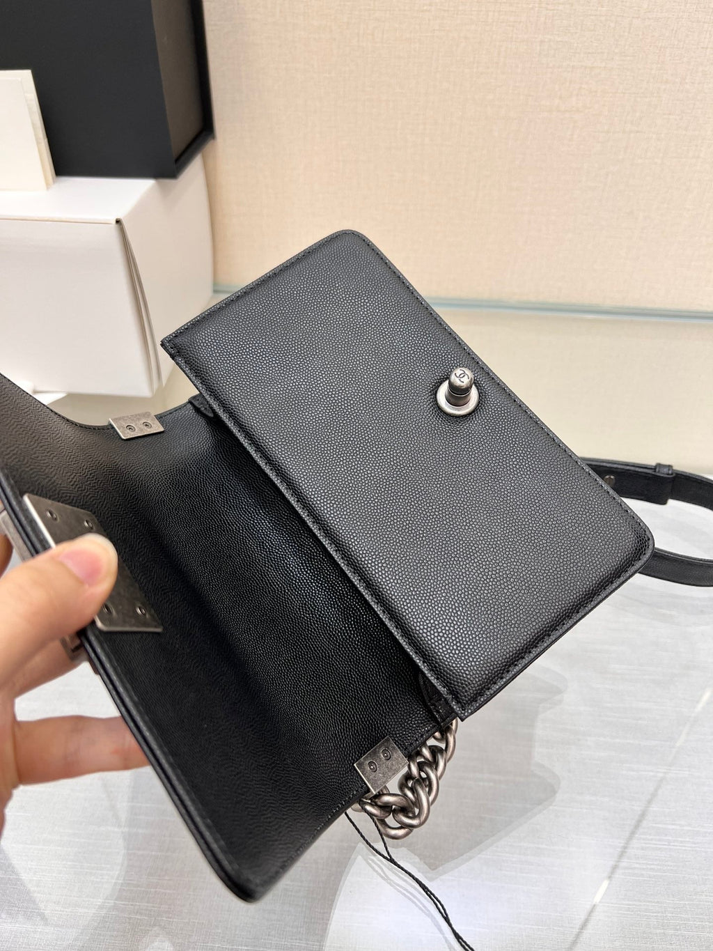 CHANEL BOY BAG SMALL 20 BLACK CHEVRON CAVIAR RUTHENIUM HARDWARE