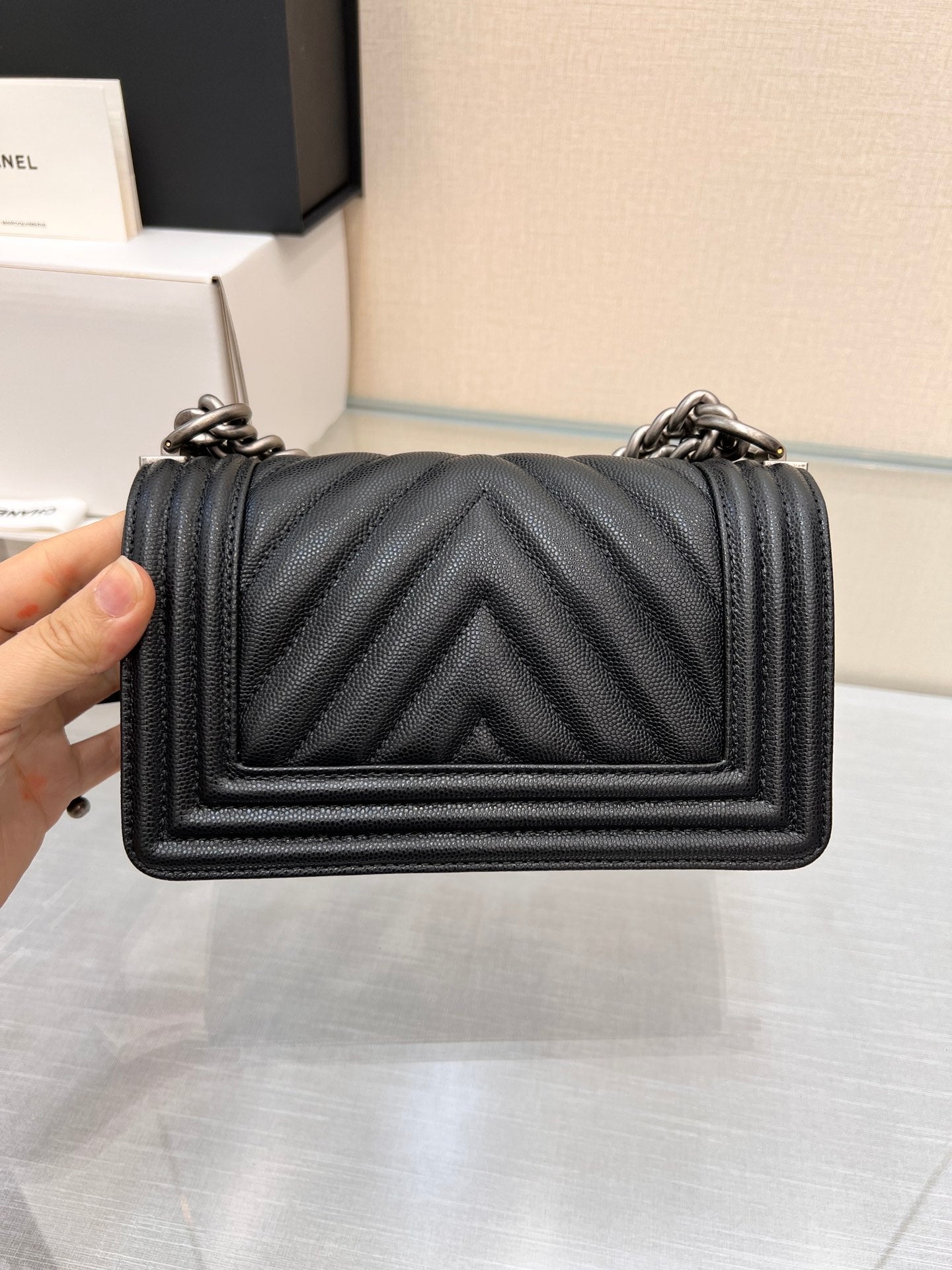 CHANEL BOY BAG SMALL 20 BLACK CHEVRON CAVIAR RUTHENIUM HARDWARE