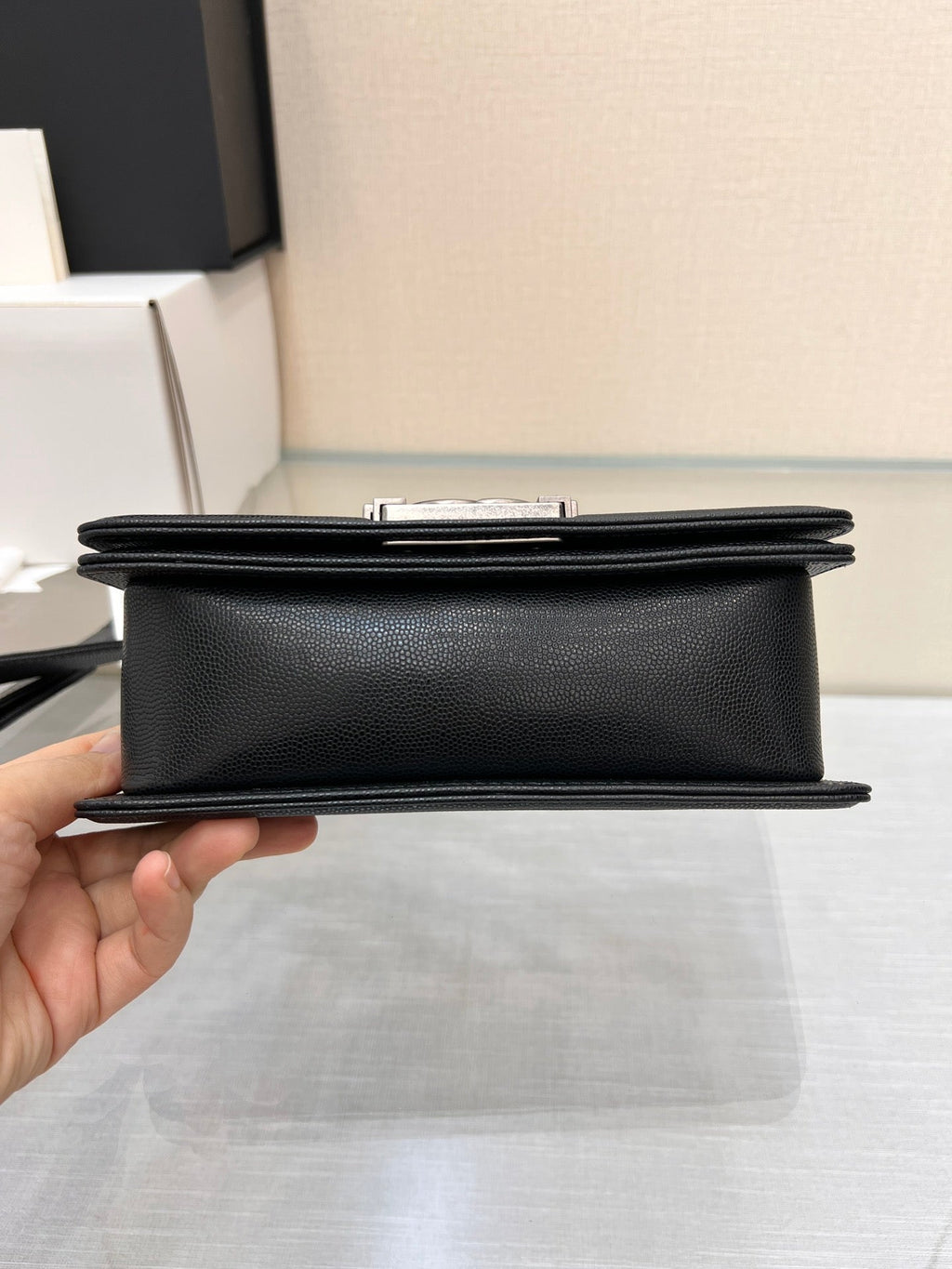 CHANEL BOY BAG SMALL 20 BLACK CHEVRON CAVIAR RUTHENIUM HARDWARE