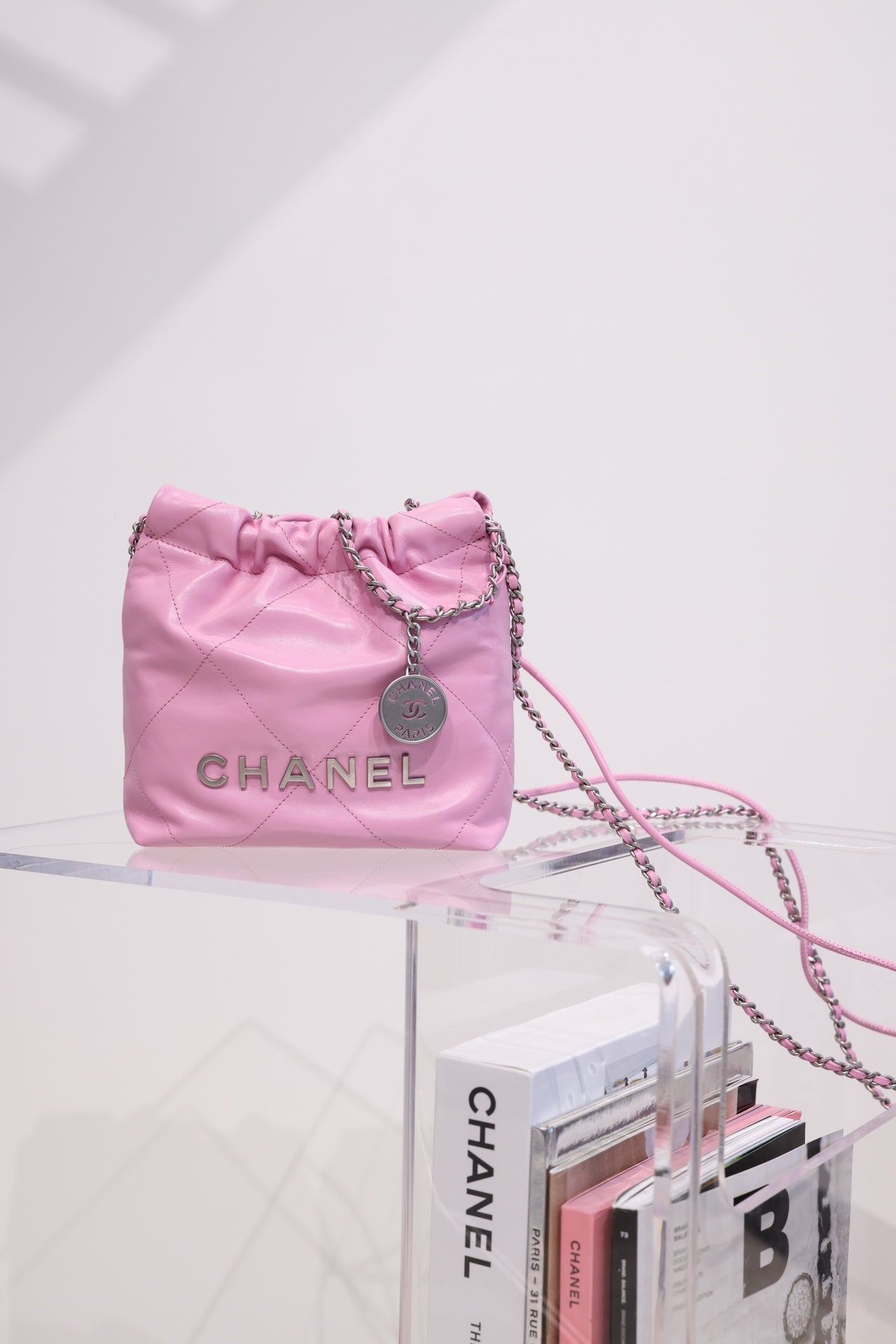 CHANEL HOBO BAG 22 PINK LAMBSKIN SILVER HARDWARE 20CM