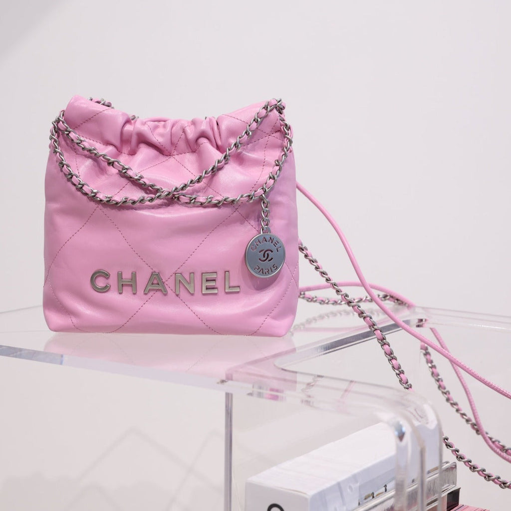 CHANEL HOBO BAG 22 PINK LAMBSKIN SILVER HARDWARE 20CM