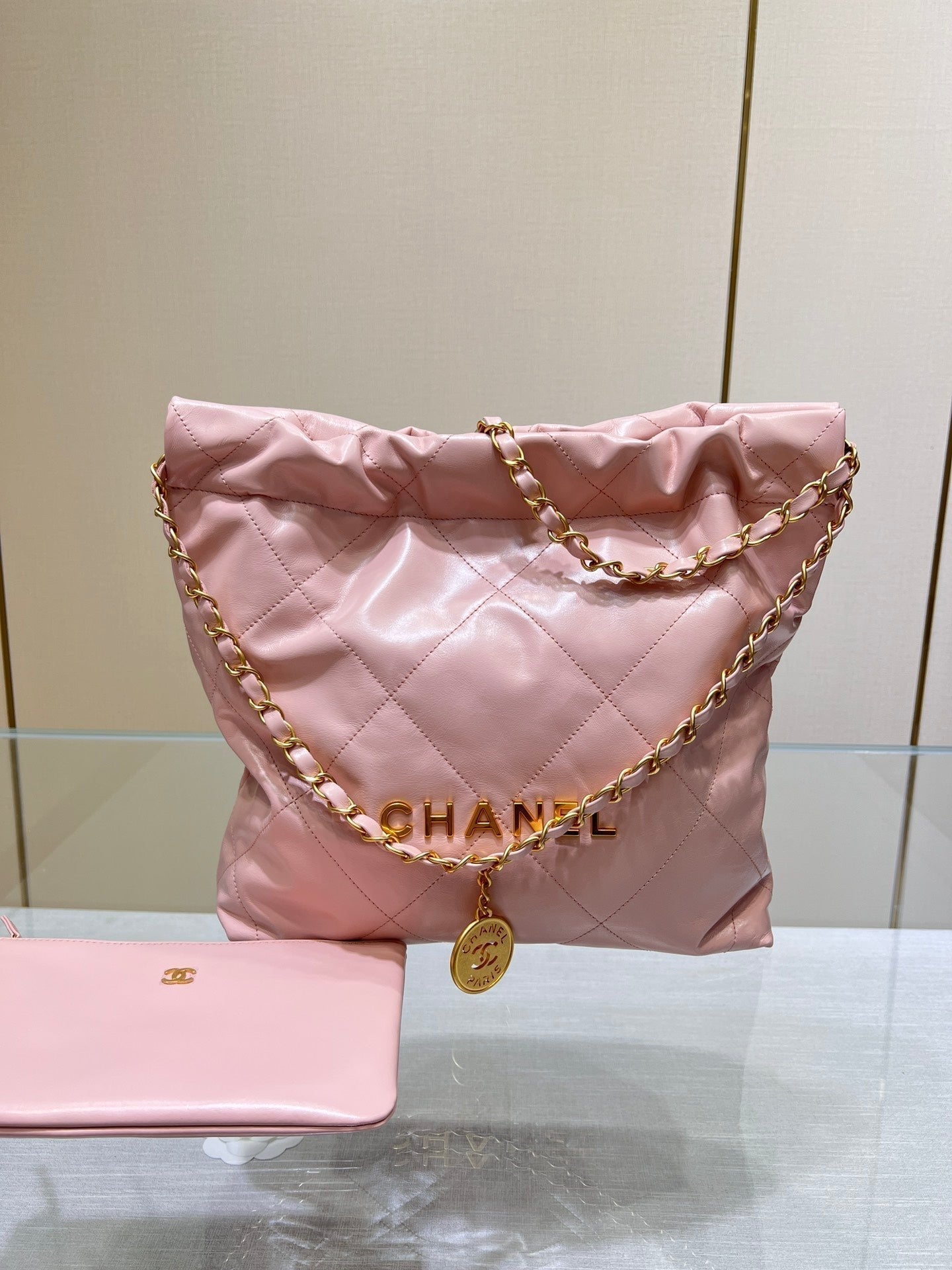 CHANEL HOBO BAG 22 PINK LAMBSKIN GOLD HARDWARE