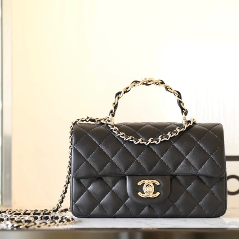 CHANEL FLAP BAG 23 BLACK LAMBSKIN GOLD HARDWARE TOPHAND